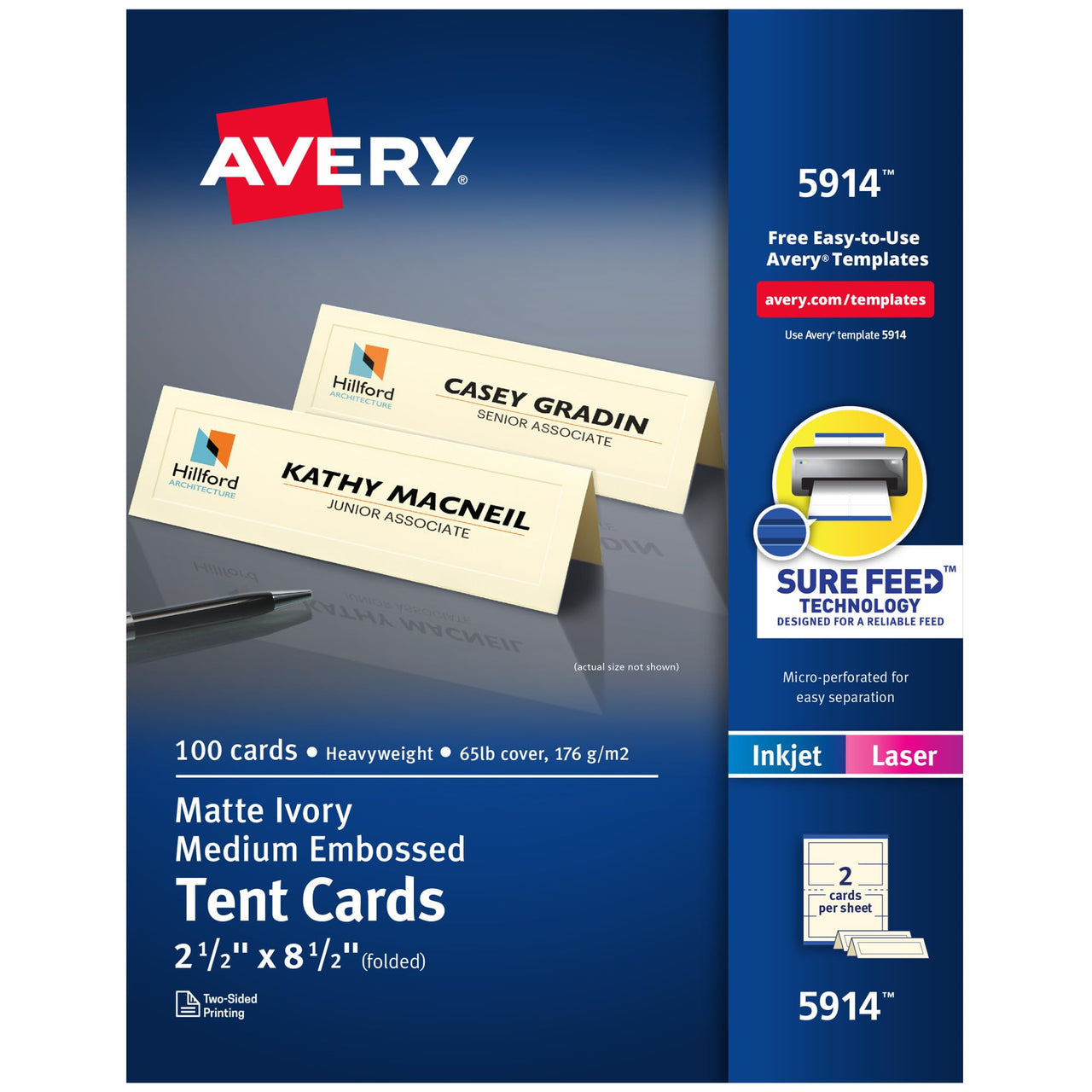 Avery Printable Tent Cards with Sure Feed Technology, 2.5" x 8.5", Ivory with Embossed Border, 100 Blank Place Cards for Laser or Inkjet Printers (05914)