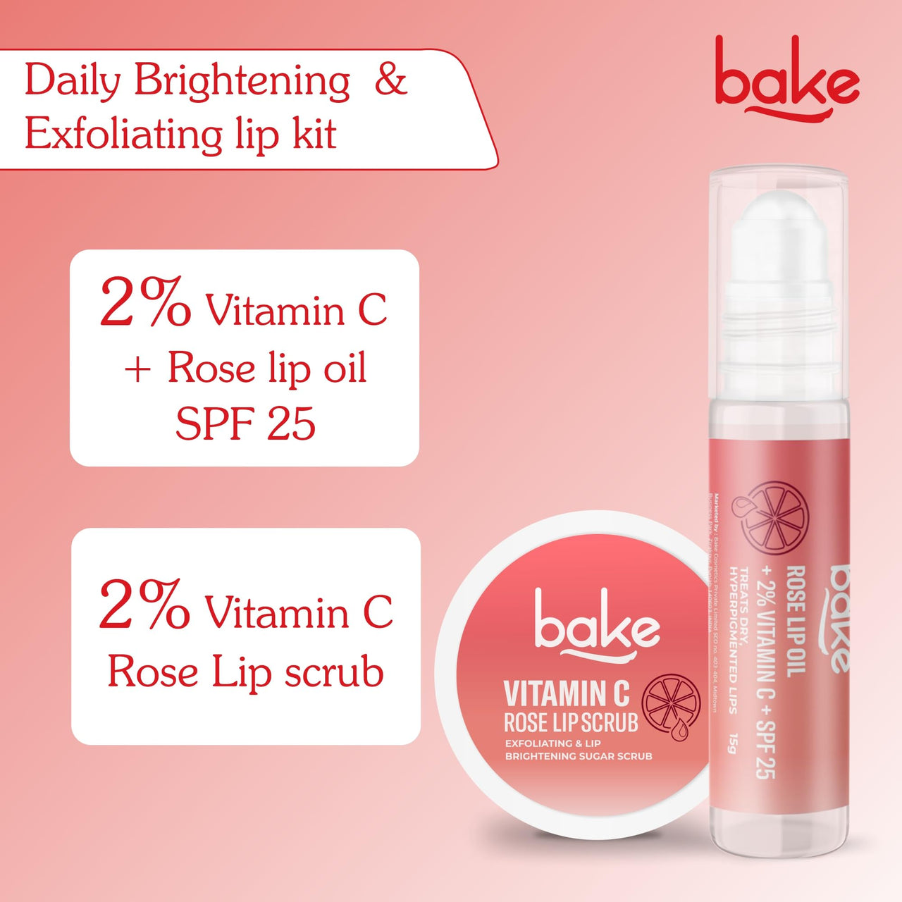 BAKE Vitamin C Rose Tinted Lip Kit | Lip Lightening Scrub for Dark Lips Exfoliation | For Hyperpigmented Lips, Dehydrated Lips, Flaky Lips & Chapped Lips | For Men & Women | 25g (Rose Lip Kit)