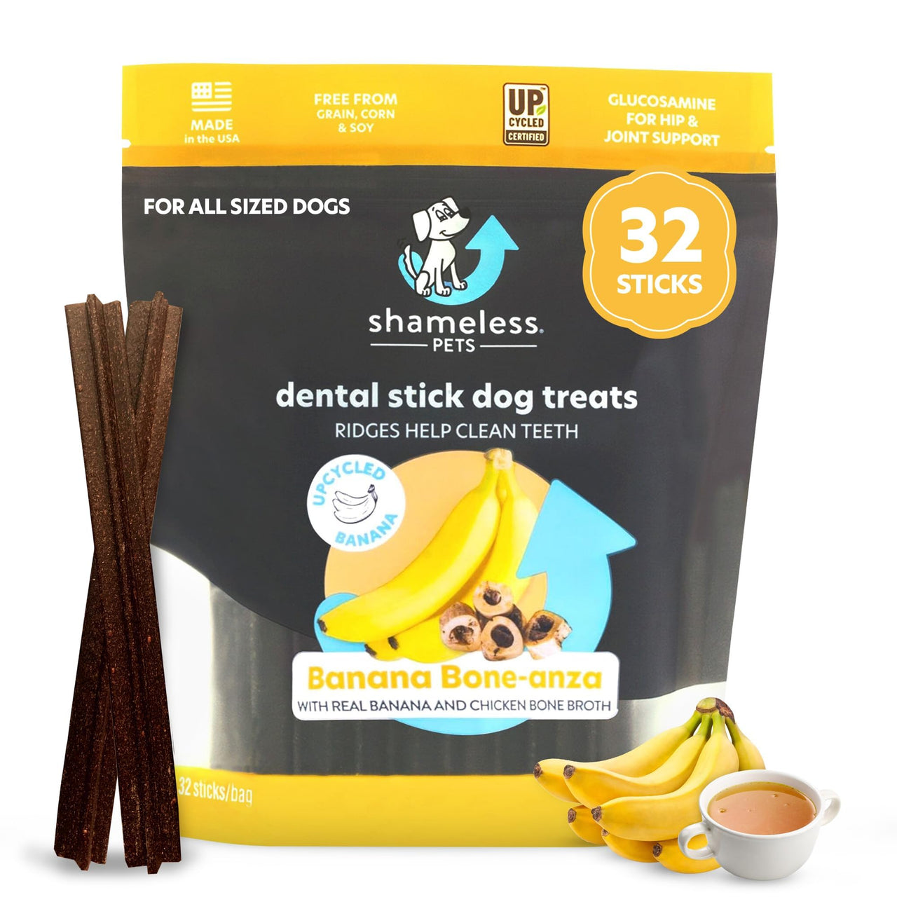 Shameless Pets Dental Treats for Dogs, Banana Bone-Anza (32 Sticks) - Dental Sticks with Hip & Joint Support for Teeth Cleaning & Fresh Breath - Dog Bones Dental Chews Free from Grain, Corn & Soy