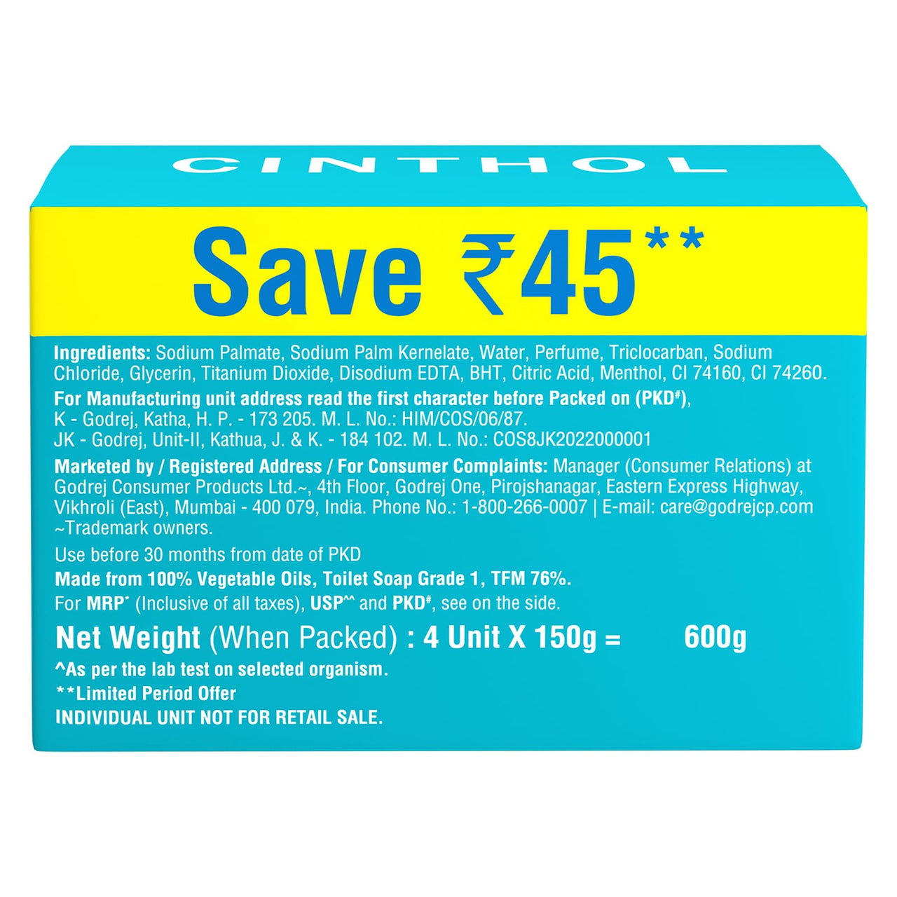 Cinthol Cool Soap, 150g (Pack of 4) | with Icy-cool Menthol | Soaps For Bath | Grade 1 Soap | For All Skin Types