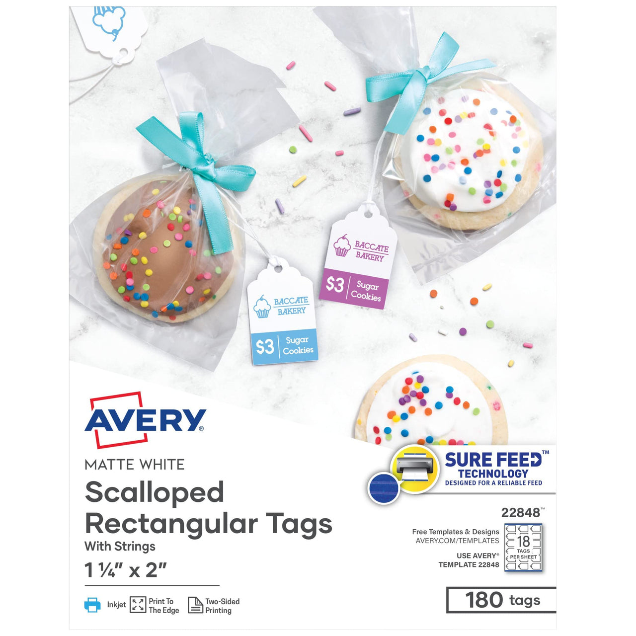 Avery Printable Blank Scallop Gift Tags with Sure Feed, 2" x 1.25", White, 180 Customizable Tags with Strings (22848) 2" x 1-1/4" Printable Tags with Strings Label