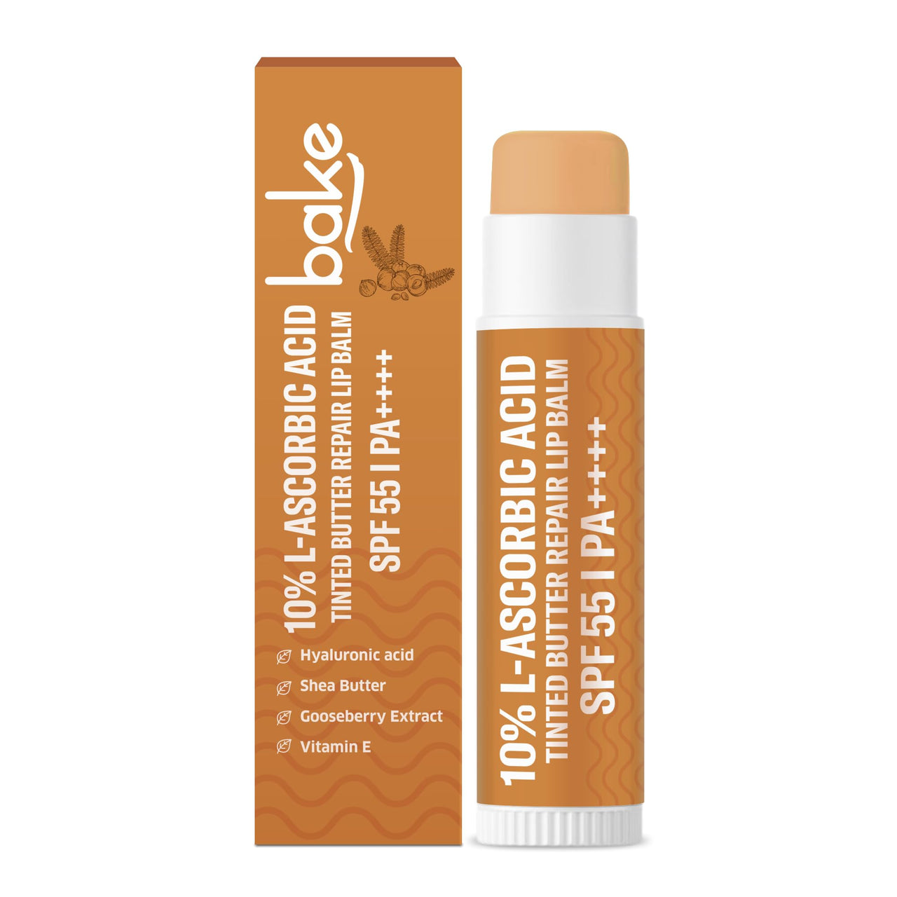 BAKE 10% L-Ascorbic Acid Tinted Butter Brightening Lip Balm SPF 55 PA++++ with Kojic Acid 24 Hour Moisturization | For Dark, Pigmented, Dry & Chapped Lips | De-Tan Lip Balm | For Men & Women - 5g