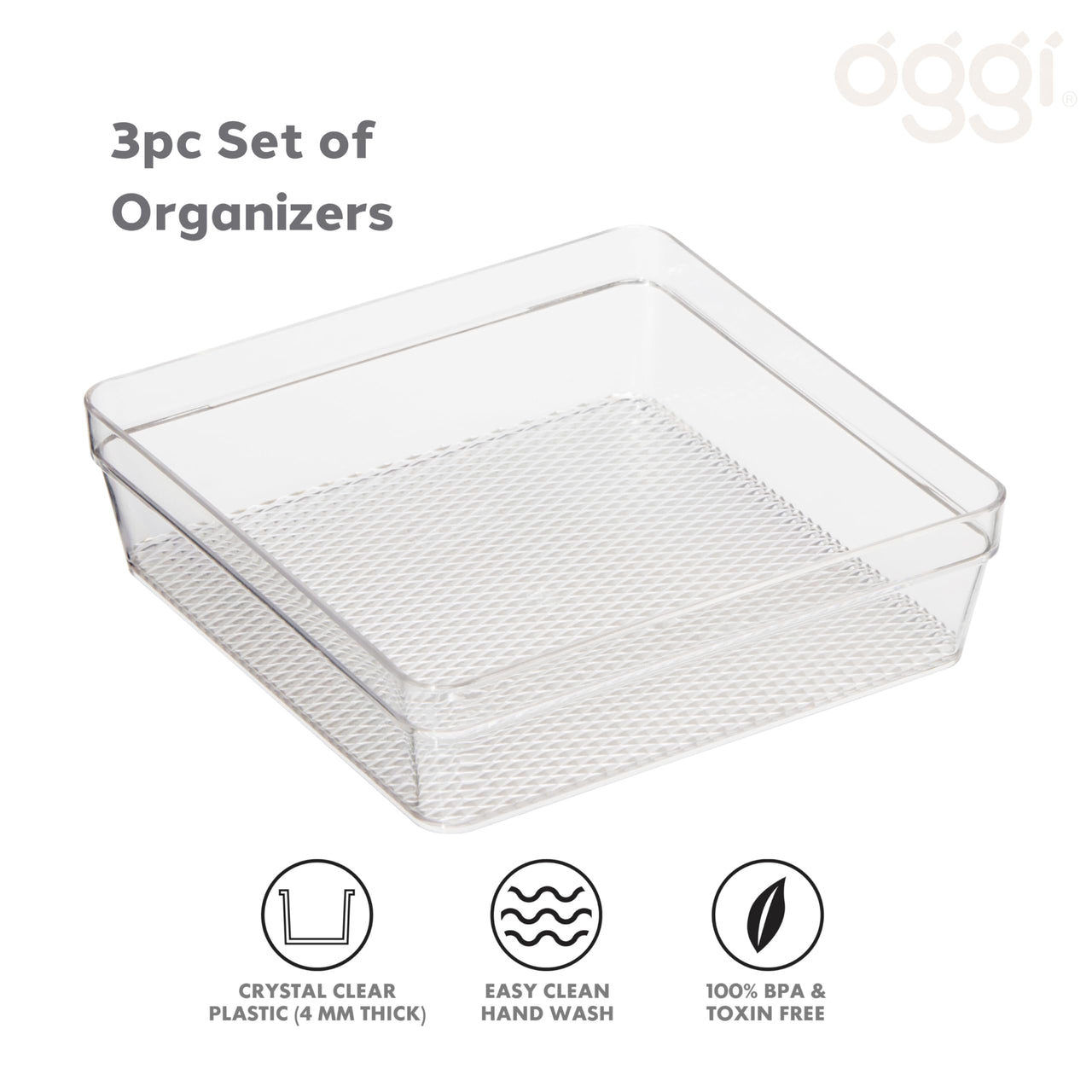 Oggi Set of 3 Clear Drawer Organizers - (1) 6x6.25, (1) 6.25x9.25, (1) 6.25x15.75 - Ideal for Organizing Kitchen Drawers, Office, Desk, Silverware, Kitchen Utensils, Cosmetics and Bathrooms