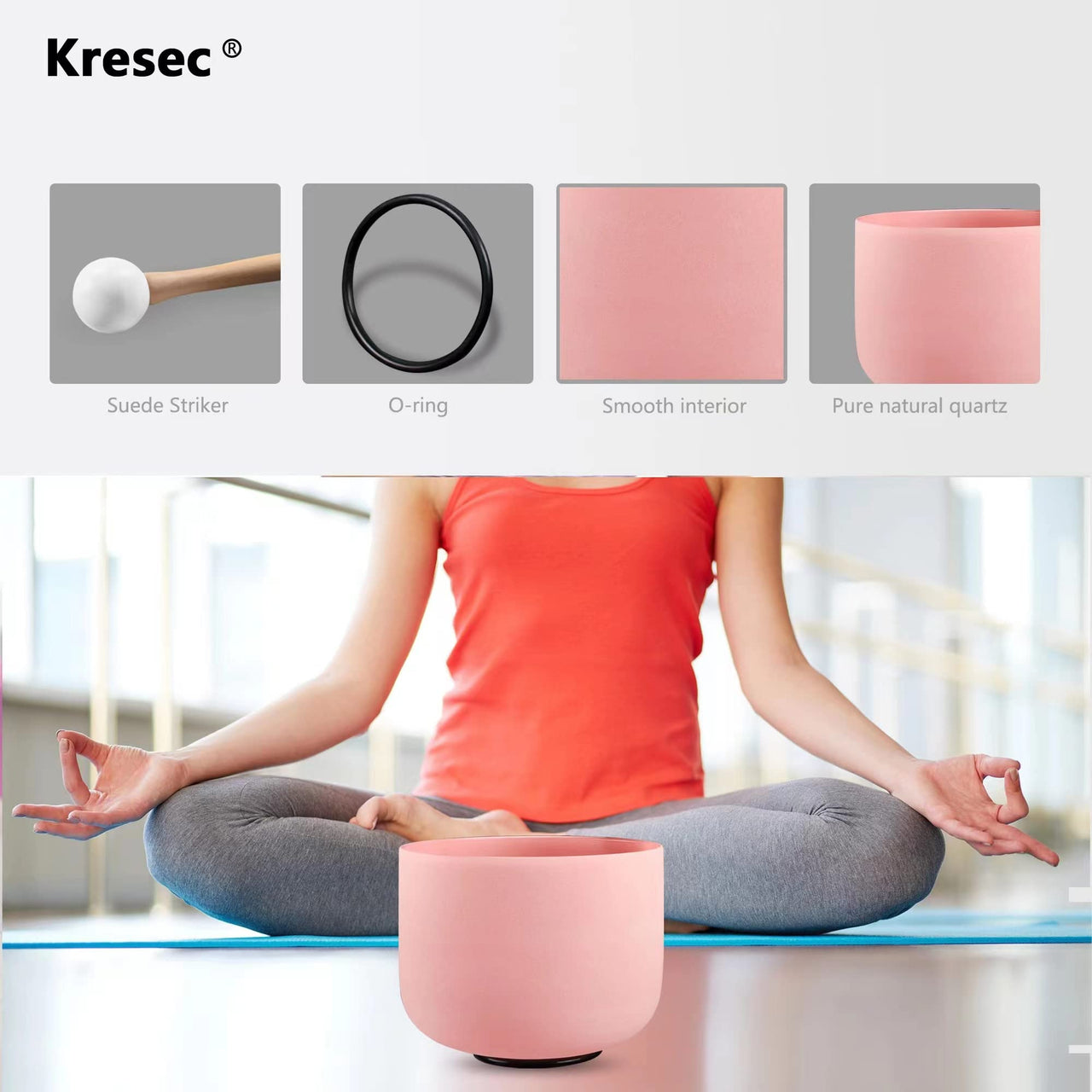 Kresec Pink 8 Inch Crystal Singing Bowl F Note (¡À40 cents) Heart Chakra with O-ring and Mallet for Meditation, Yoga, Spiritual and Body Healing and Energy Cleansing Pink F Note