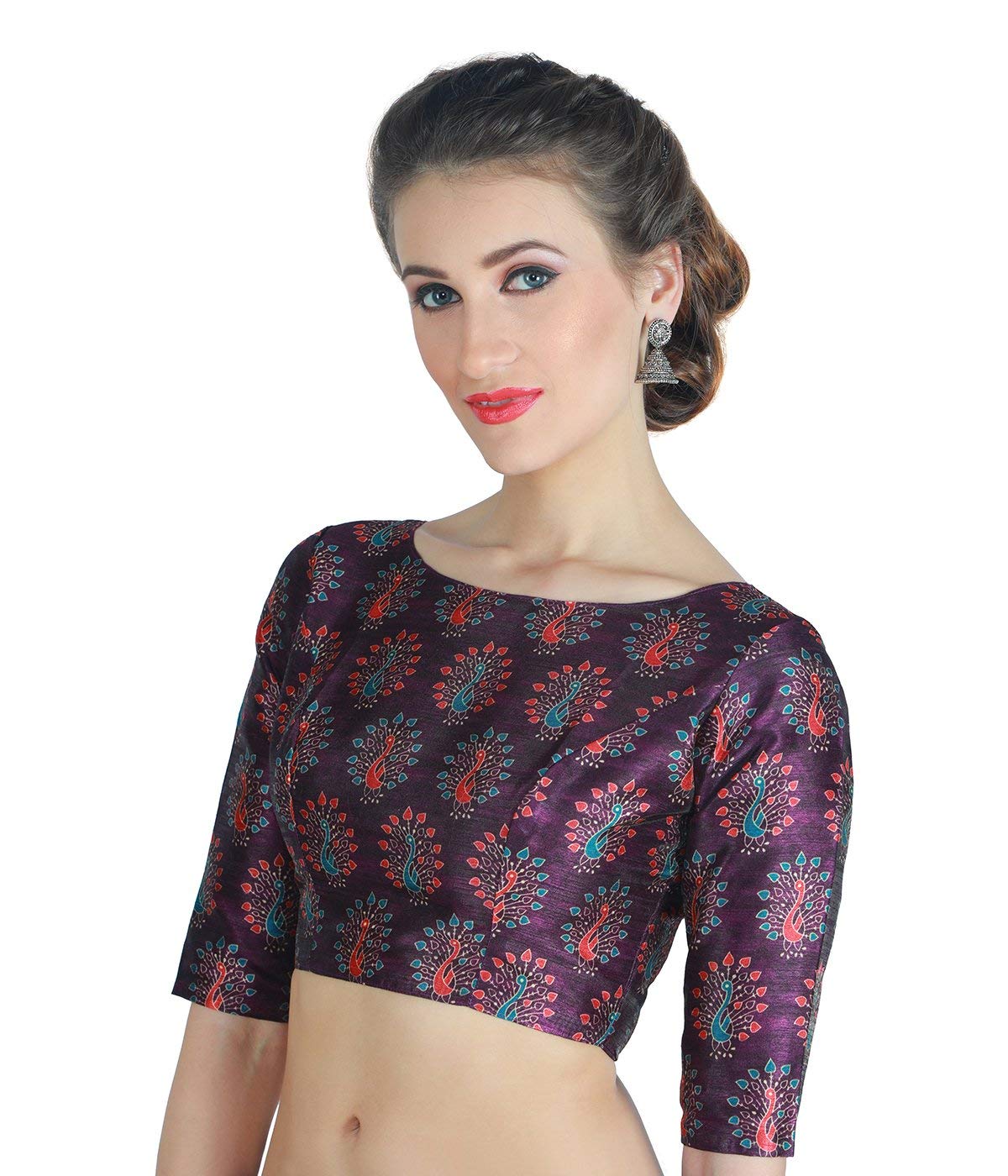 X3 Women's  Peacock Print Polyester Elbow Length Sleeves Saree Blouse