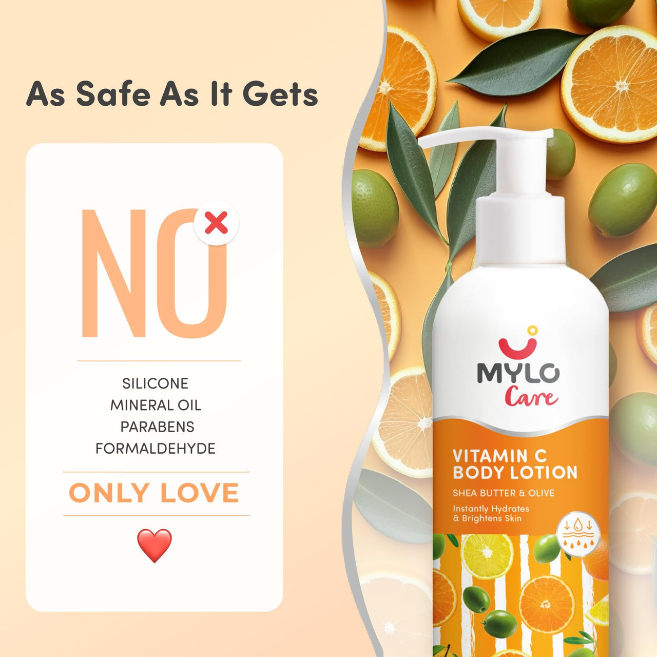 Mylo Vitamin C Body Lotion with Shea Butter, Olive Oil & Niacinamide | 24 Hours Hydration | Balances Skin Tone | Reduces Hyperpigmentation 275 ml