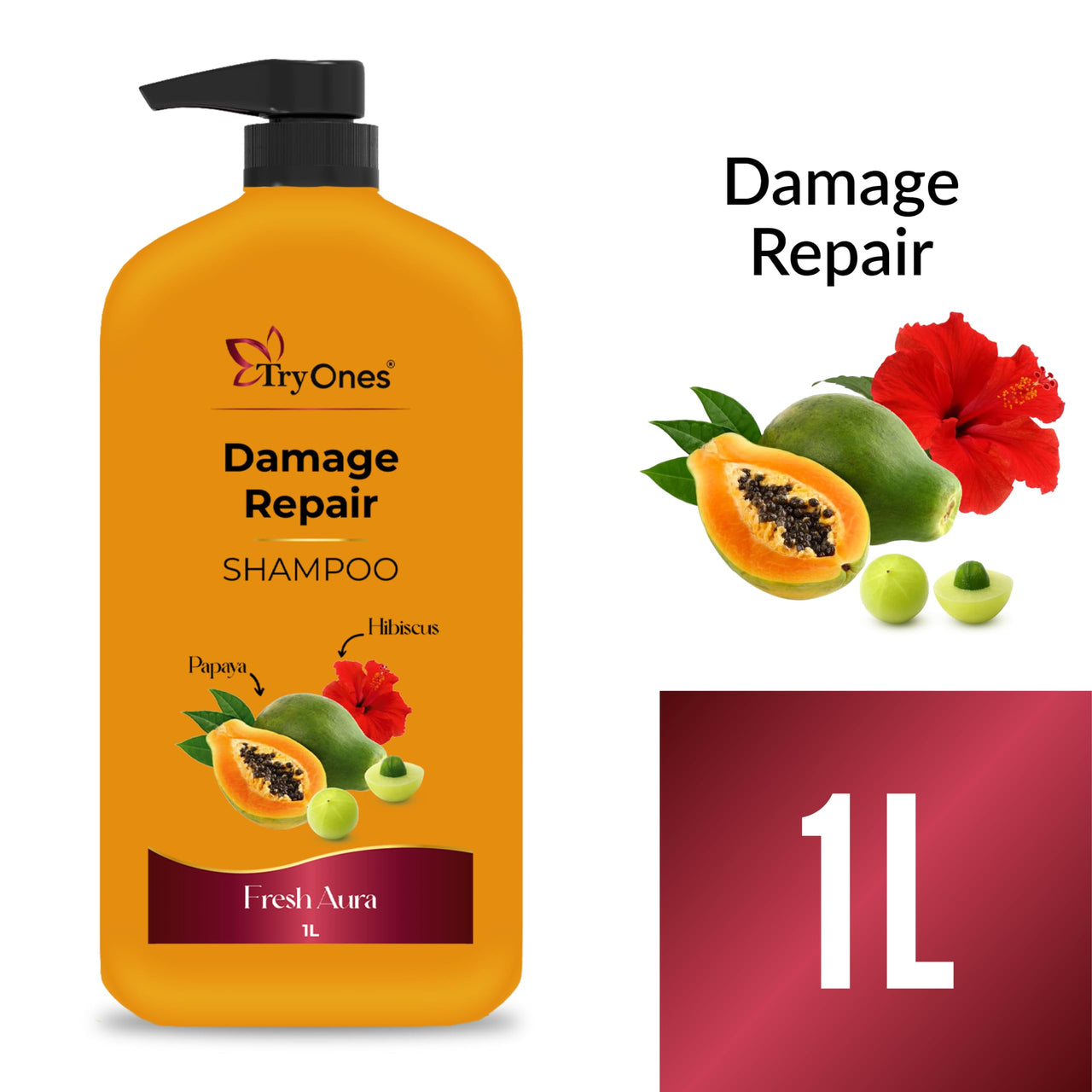 TryOnes Papaya & Hibiscus Damage Repair Shampoo 1000 ml | Hair Repairing Shampoo For Damaged, Dry & Frizzy Hair | For Women & Men