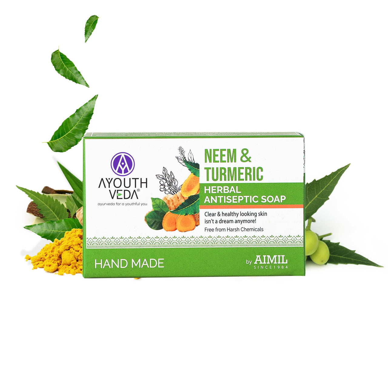 Ayouthveda Neem and Turmeric Herbal Soap | Antiseptic Bathing Soap with Natural Fragrance | Prevents Skin Disease With Neem & Turmeric | For Glowing & Acne Free Skin (Pack of 3-100g each)