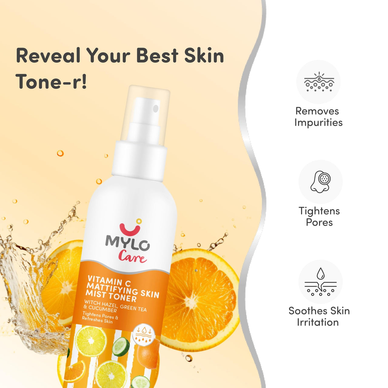 Mylo Vitamin C Toner with Witch Hazel, Cucumber & Green Tea | Removes Impurities | Tightens Pores | Soothes Skin Irritation 200 ml