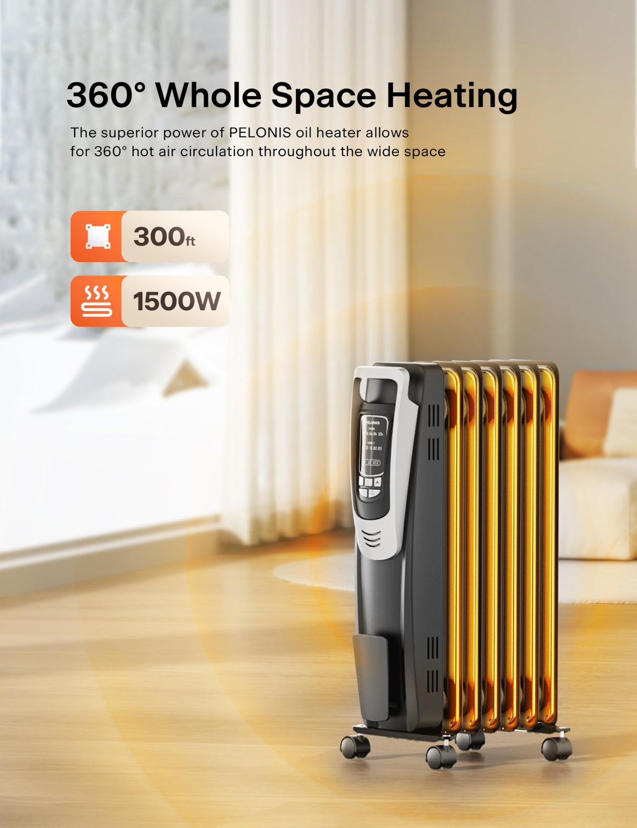 PELONIS Oil Filled Radiator, Electric Space Heater for Indoor Use Large Room with Thermostat & Remote, 3 Modes & 3 Heat Settings, ECO Mode, 24H Timer, Quiet, Overheat & Tip-Over Protection, 1500W Premium with LED Display Black