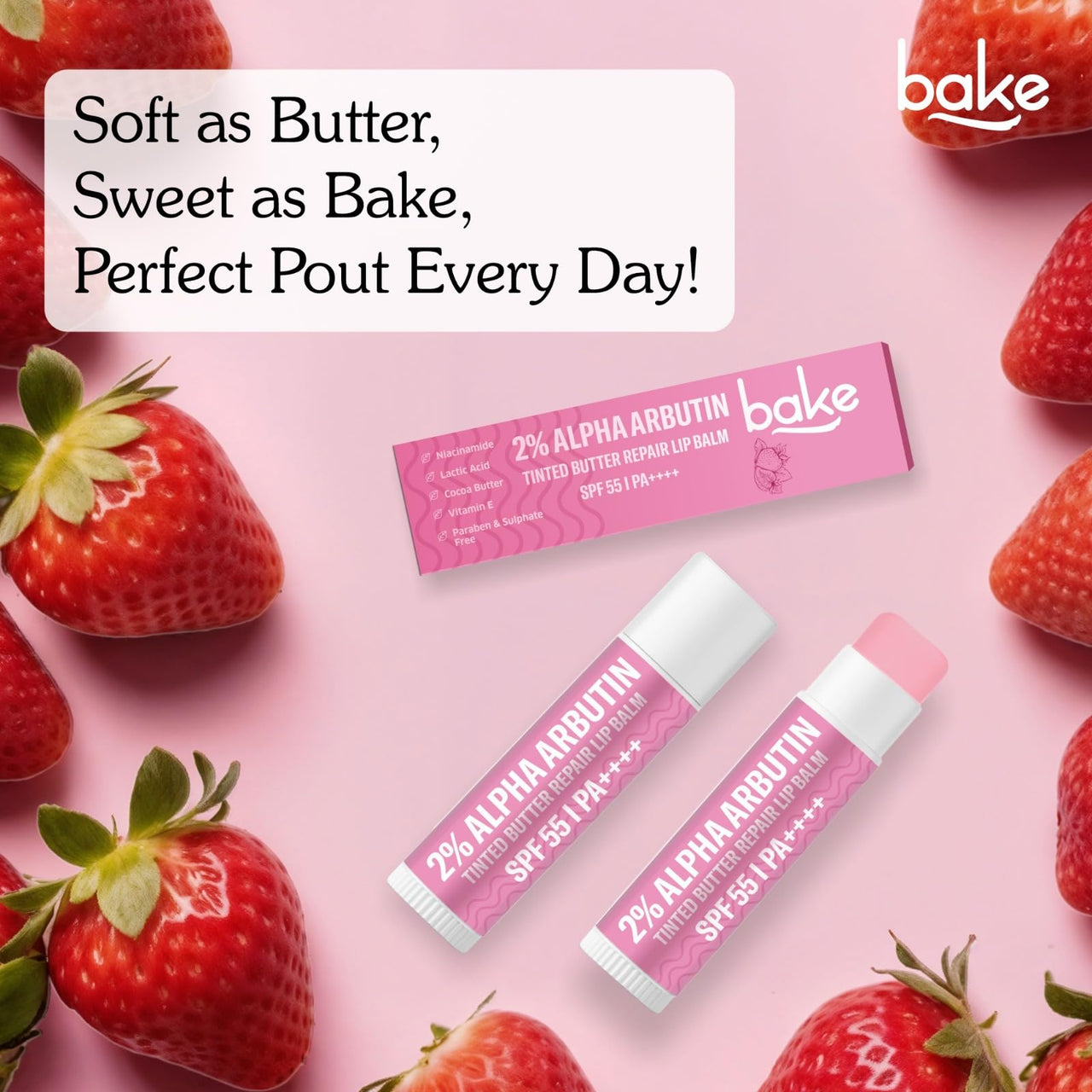 BAKE 2% Alpha Arbutin Tinted Butter Brightening Lip Balm SPF 55 PA++++ with Niacinamide, Lactic Acid | For Dark, Pigmented, Dry & Chapped Lips | Brightens Pigmented Lips | UVA/B Rays Sun Protection - 5g