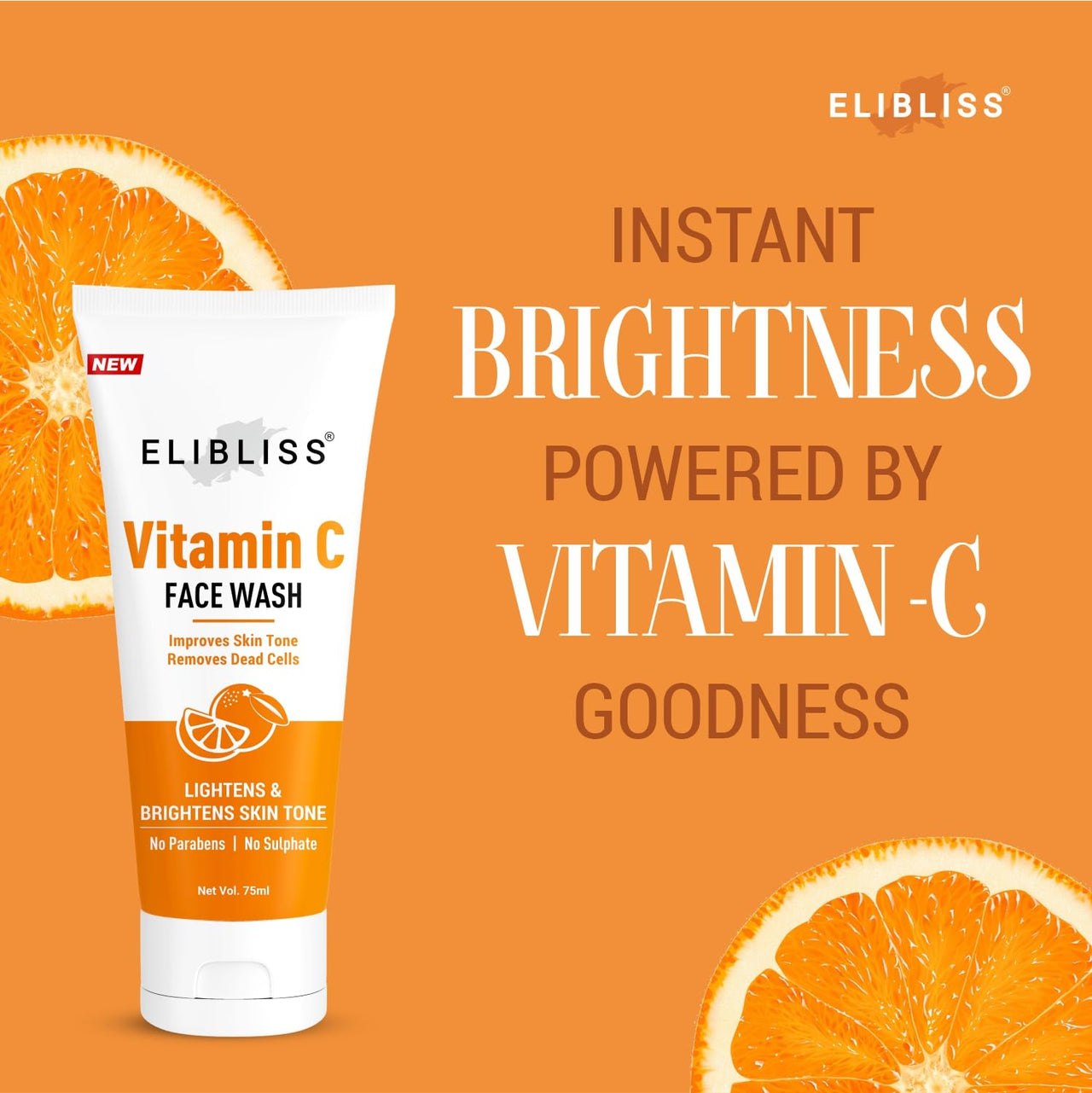 Elibliss Vitamin C Face Wash for Glowing Skin, Lightens & Brightens Skin Tone | Removes Dead Cells & Impurities | Refreshing Citrus Face Cleanser | No Paraben | No Sulphate | For All Skin Types | 75ml