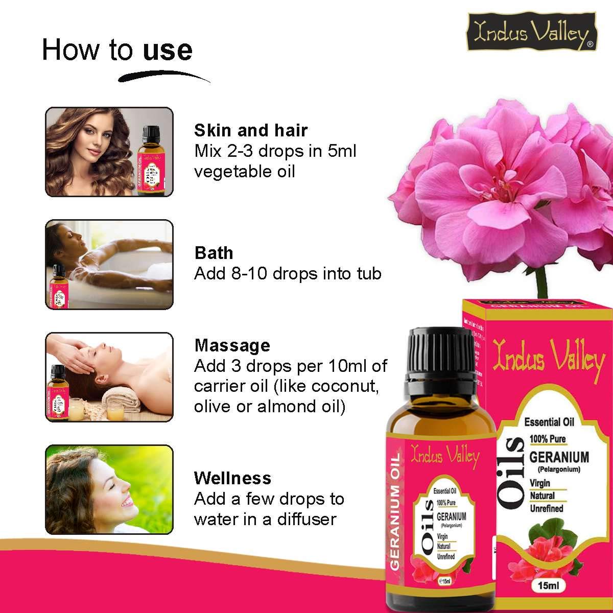 Indus Valley 100% Pure Natural & Organic, Undiluted Geranium Essential Oil with Glass Dropper for Skin, Hair Care -15ml