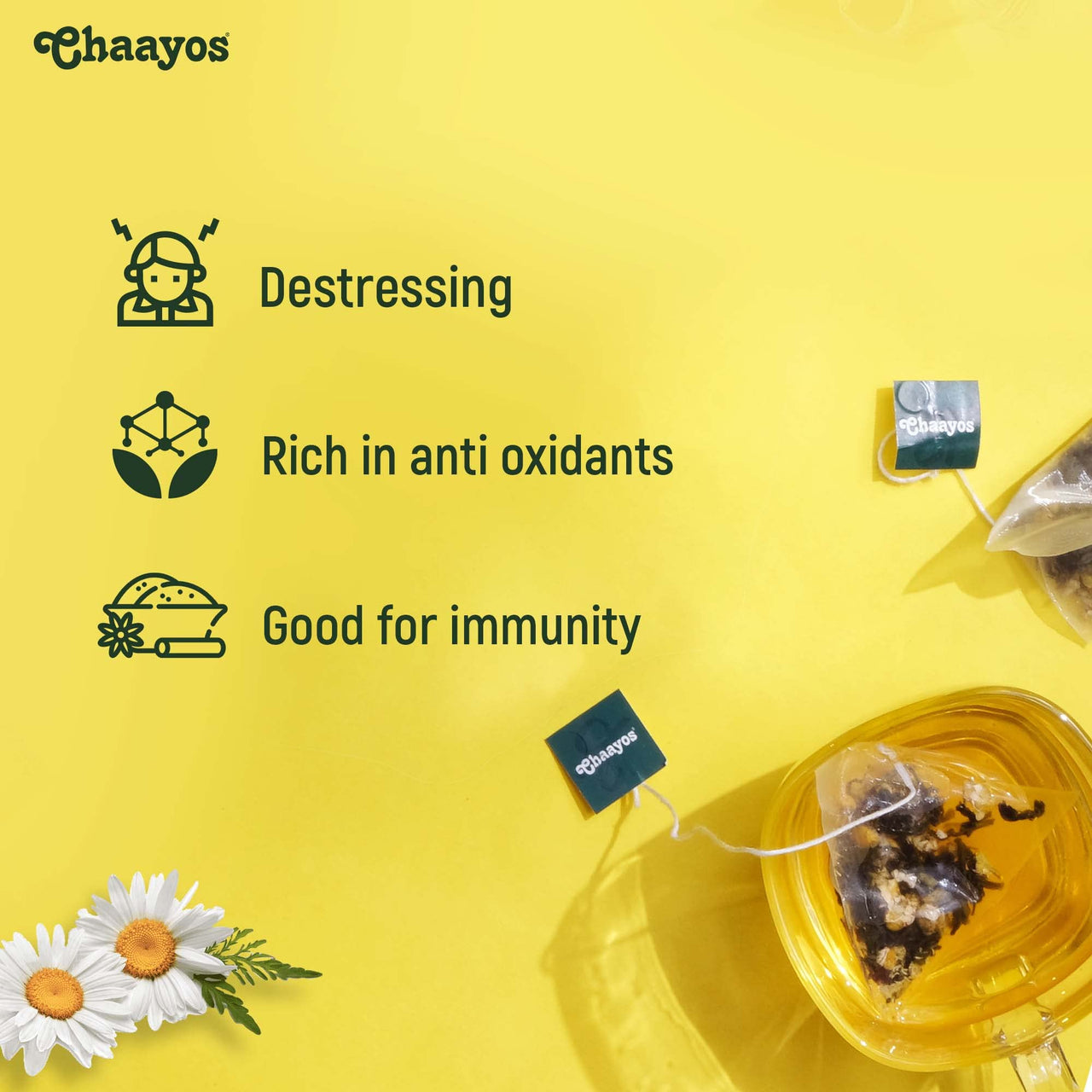 Chaayos Chamomile Tea - 25 Chamomile Green Tea Bags | Chamomile And Green Tea Leaves | Contains Pure Chamomile Flowers | Rich In Antioxidants | Whole Leaf Tea - 150 Gm