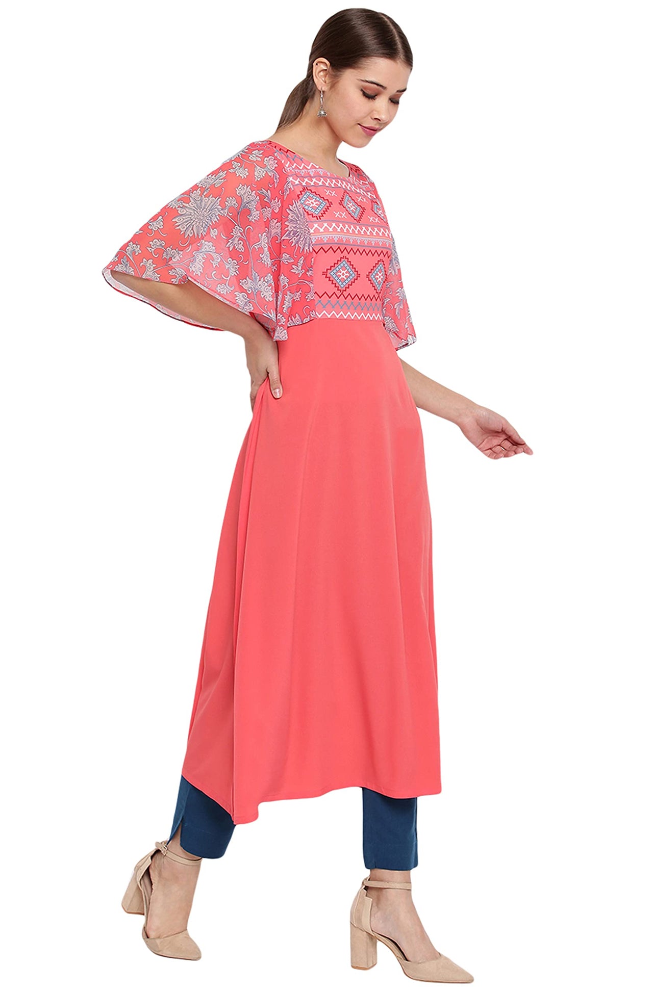 Janasya Women's  Coral Poly Crepe Kurta