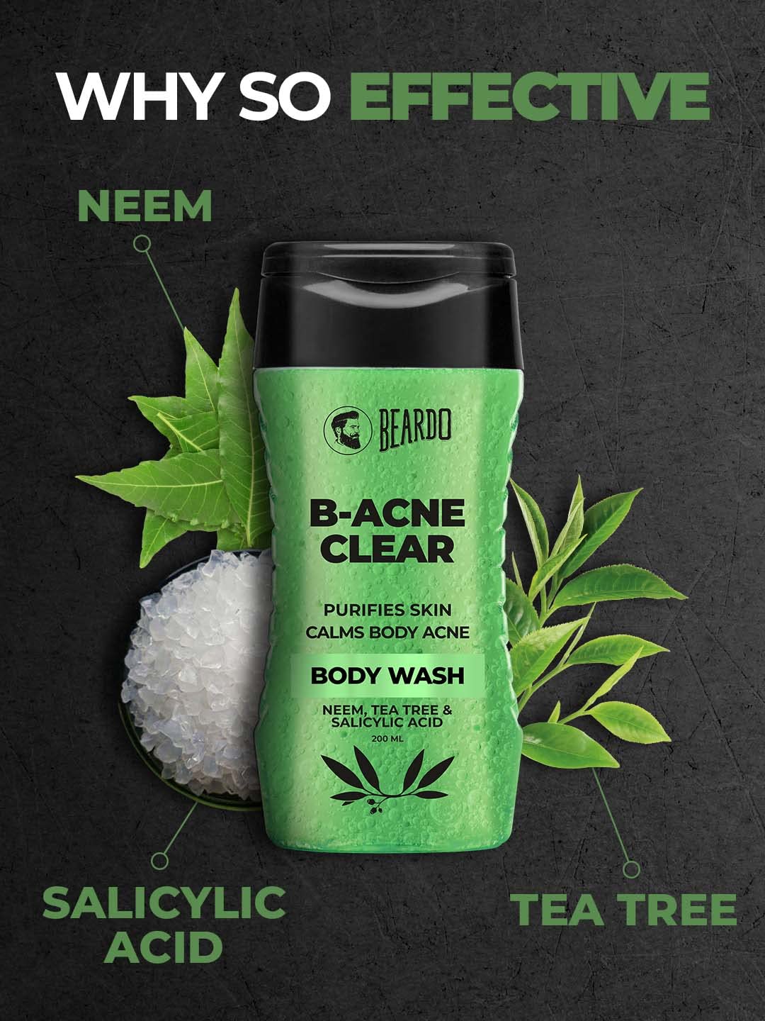 Beardo Body Acne Clear Body Wash for Men 200 ml | With Neem, Tea Tree and Salicylic Acid | Clean Clear Skin | For Body Acne and Skin Purification | B-acne