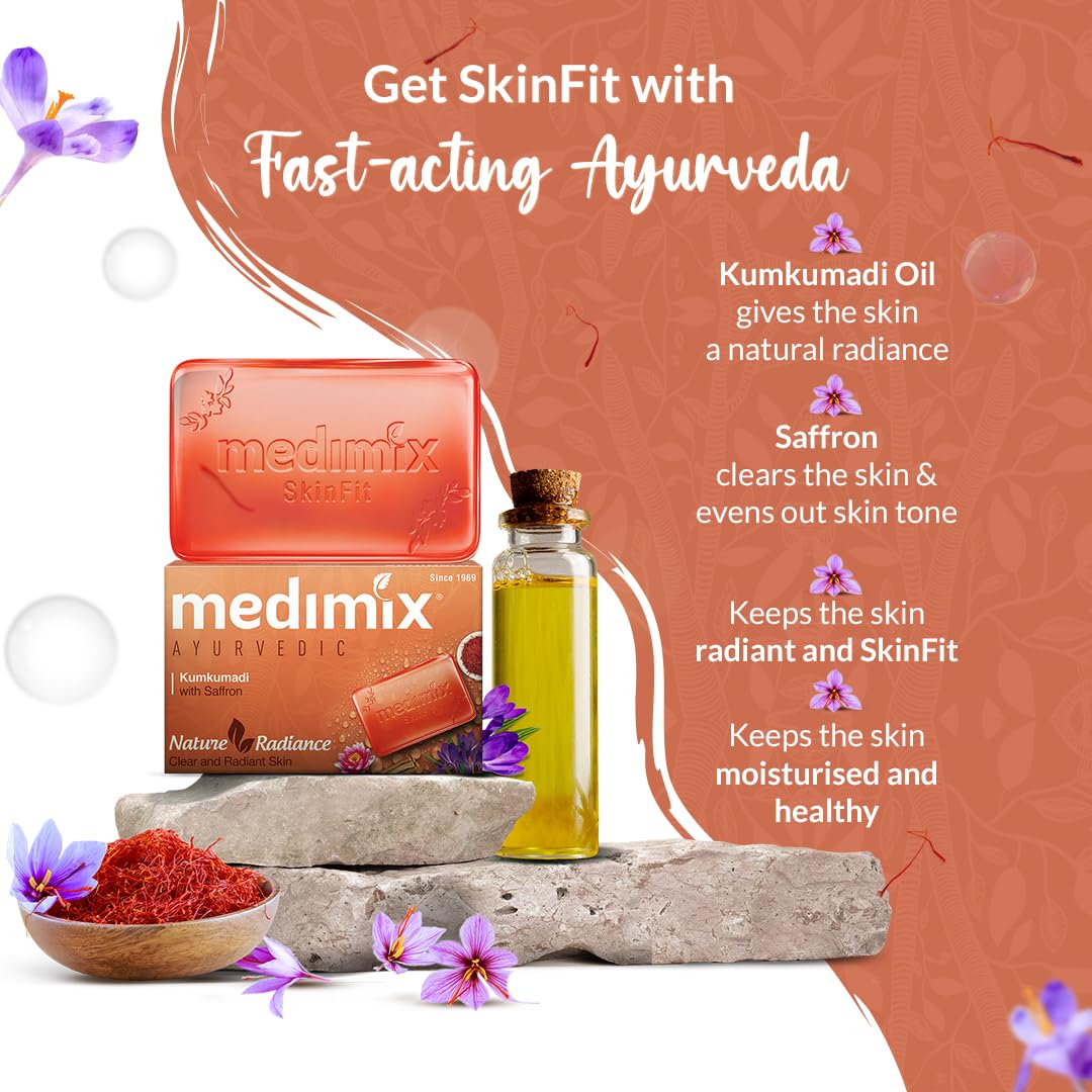 Medimix Ayurvedic Kumkumadi Bathing Soap Bar With Saffron|Kesar|For Moisturising & Radiant Glow|Herbal|Natural|Paraben-Free & Sulphate-Free|100% Vegan|125Gm(Buy 4 & Get 1 Extra Combo Pack)