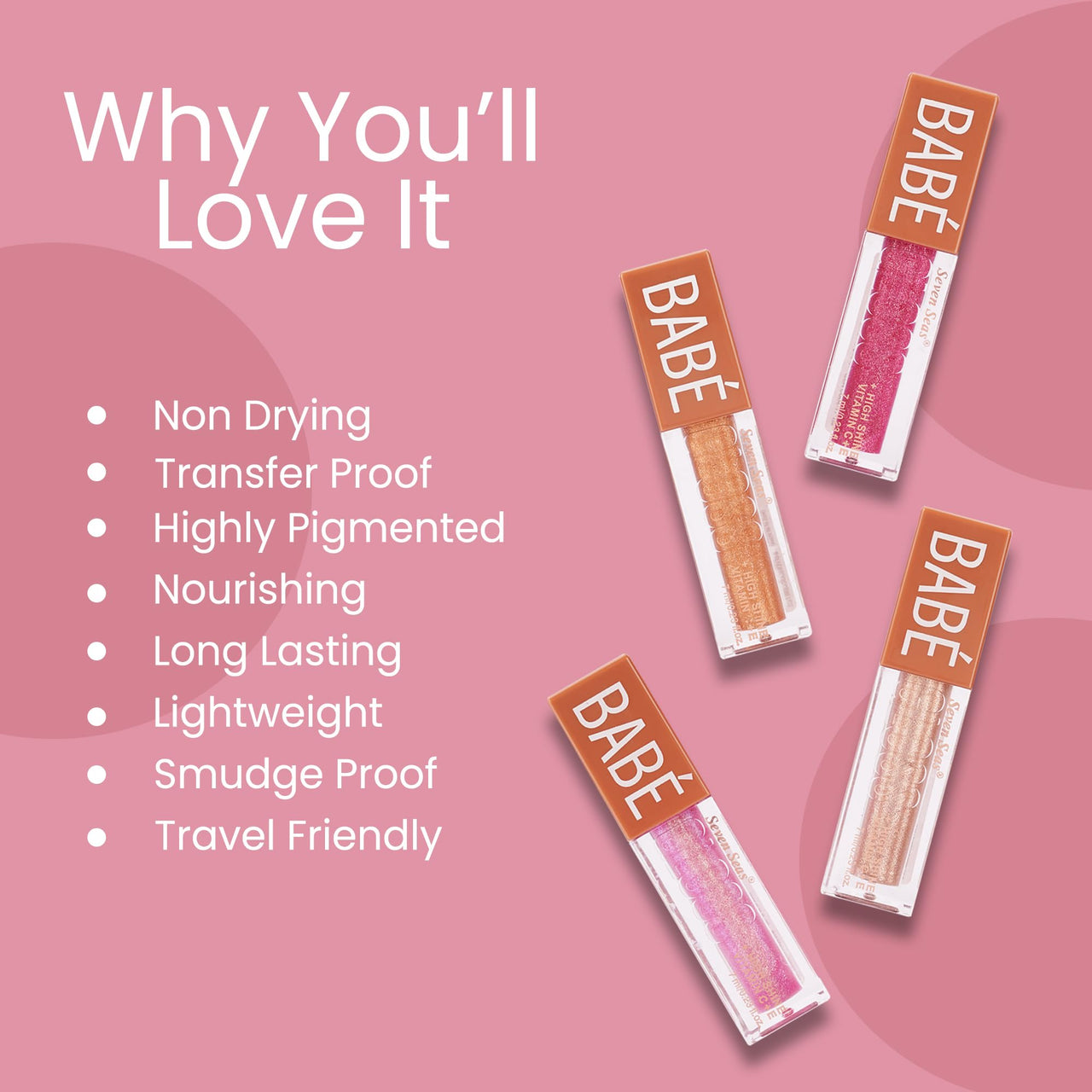 Seven Seas Babe Glittery Lip Gloss | Long Lasting | Water & Smudge Proof | Lightweight | Super Moisturising Formula | With High Shine Lip Color For Glossy Look (Hot Pink, Rose, 7ml)