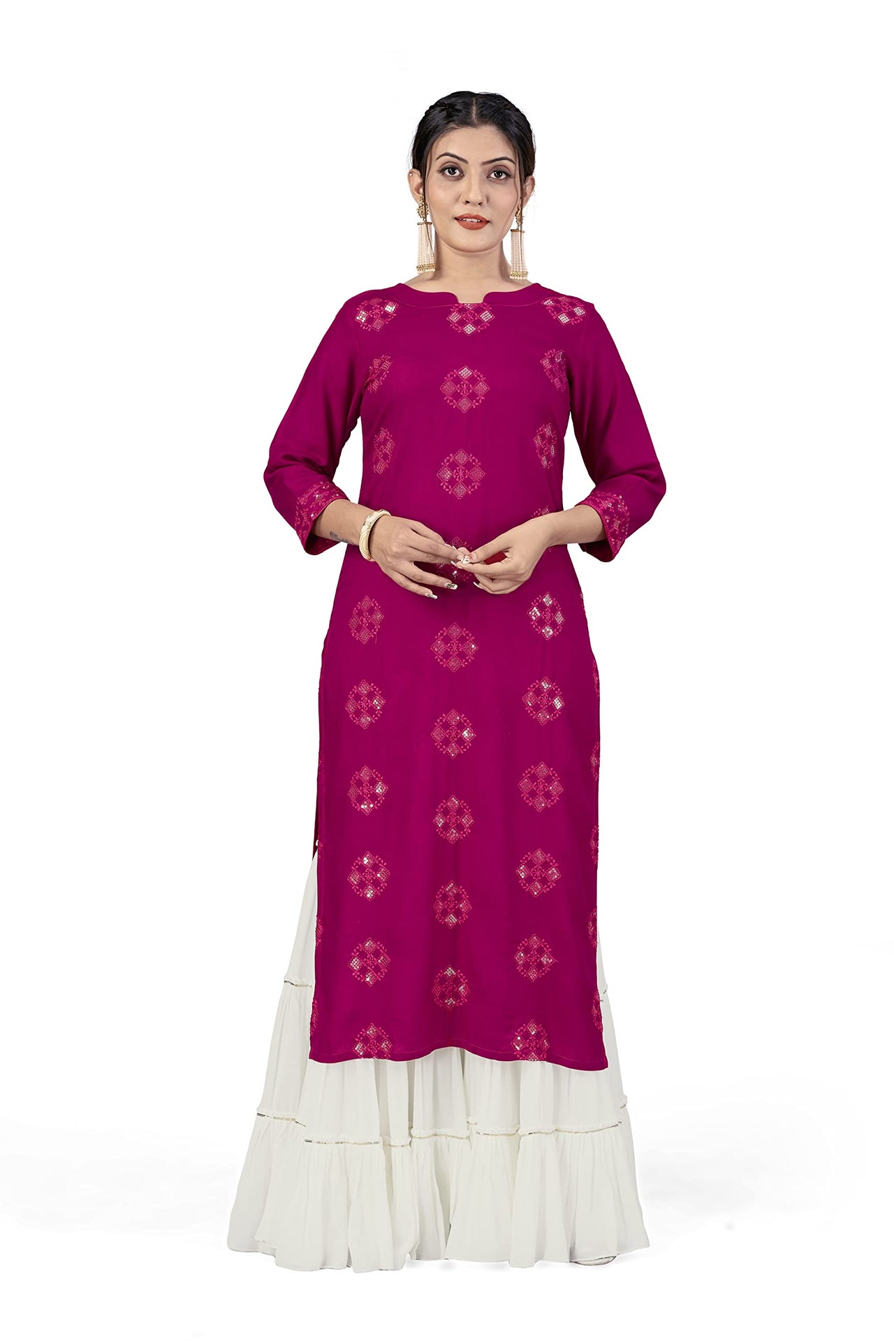 Fashion Dream Women Viscose Rayon Sequence Embroidered Straight Kurti