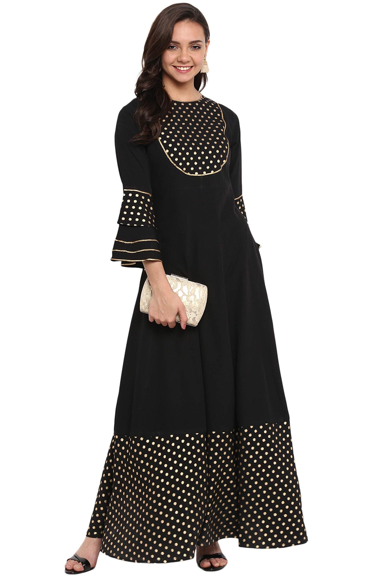 Janasya Women's  Black Poly Crepe Anarkali Kurta