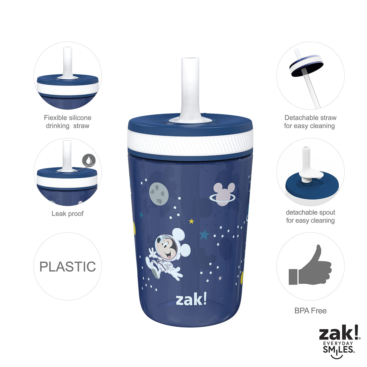 Zak Designs Disney Mickey Mouse Kelso Tumbler Set, Leak-Proof Screw-On Lid with Straw, Bundle for Kids Includes Plastic and Stainless Steel Cups with Bonus Sipper (3pc Set, Non-BPA)15 fl oz. Classic