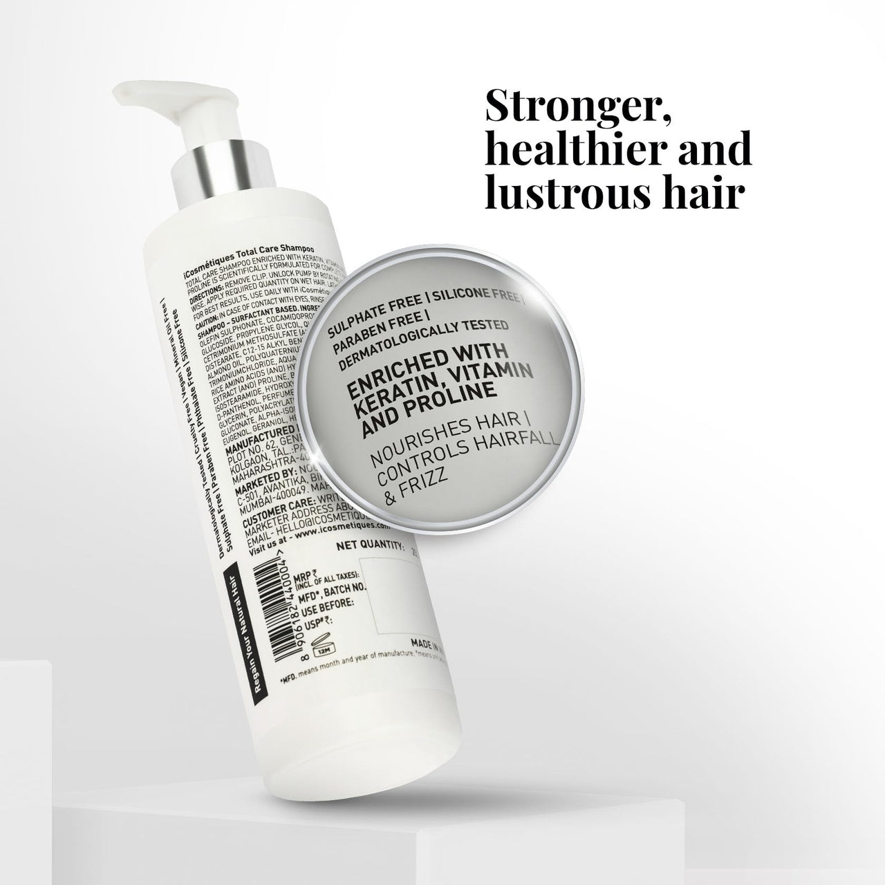 iCosmetiques Sulphate Free Shampoo |Reduces Hair Fall & Frizz |Keratin, Proline, B5 |Strengthens Roots | Silicone and Paraben Free |Unisex Total Care Formula |250ml