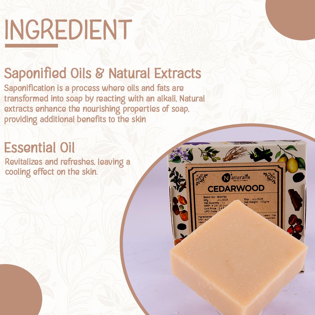 Naturalis Cedar Soap – Organic Handmade Cold-Pressed Soap Infused with Cedarwood Essential Oils – Natural, Luxury Soap for Deep Skin Nourishment, Moisturizing and Refreshing, 100g