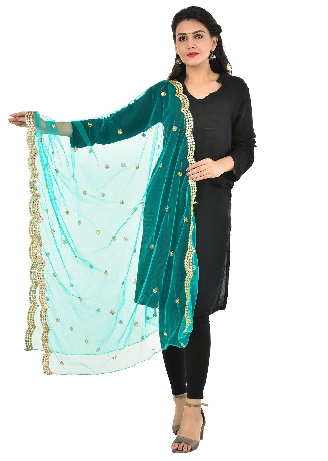 YOUTHQUAKE Heavy Embellished Plastic Mirror Net Dupatta for Womens & Girls