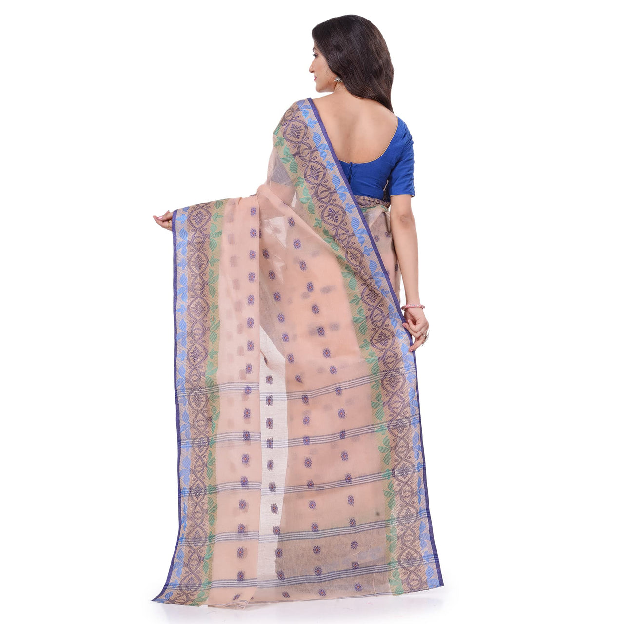dB DESH BIDESH Women`s Traditional Bengal Tant Tri Leaf Woven Design Pure Handloom Cotton Saree Without Blouse Piece