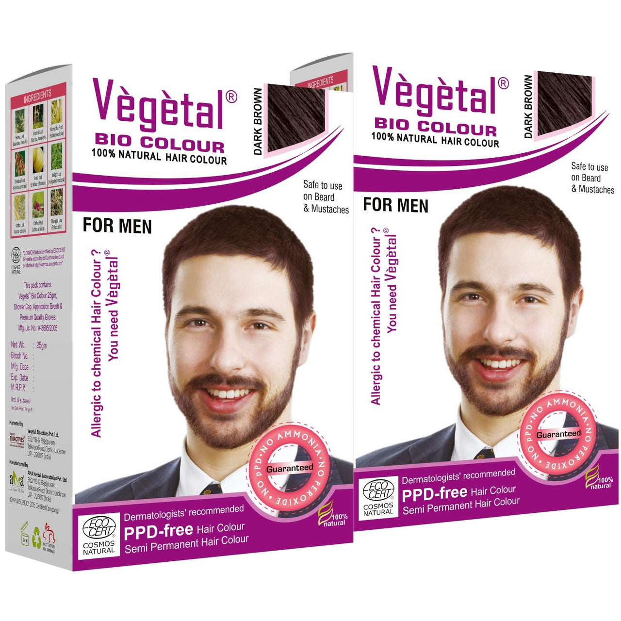 Vegetal Bio Colour Natural Dark Brown Hair Colour for Men, PPD-free, Semi-Permanent, Safe for Beard and Mustache 25g. (Pack of 2)