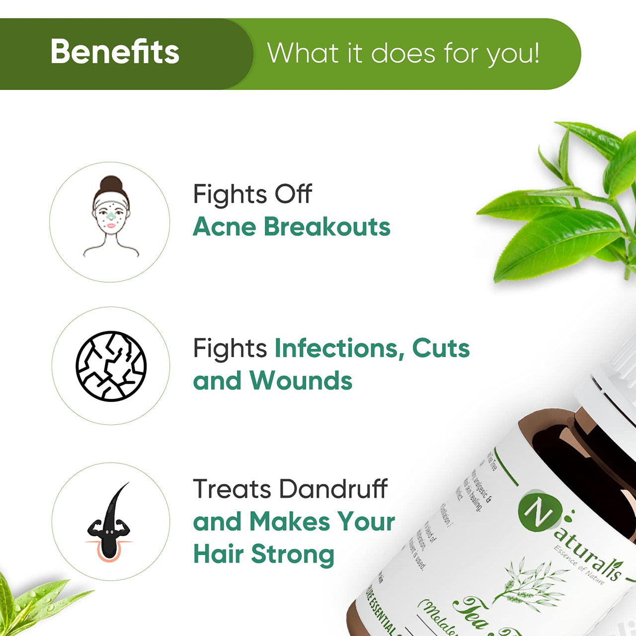 Naturalis Tea Tree Oil for Hair, Acne, Pimples and Scar - Pure and No Dilution Tea Tree Oil - No Solvents - Ideal for Aromatherapy - 15ml