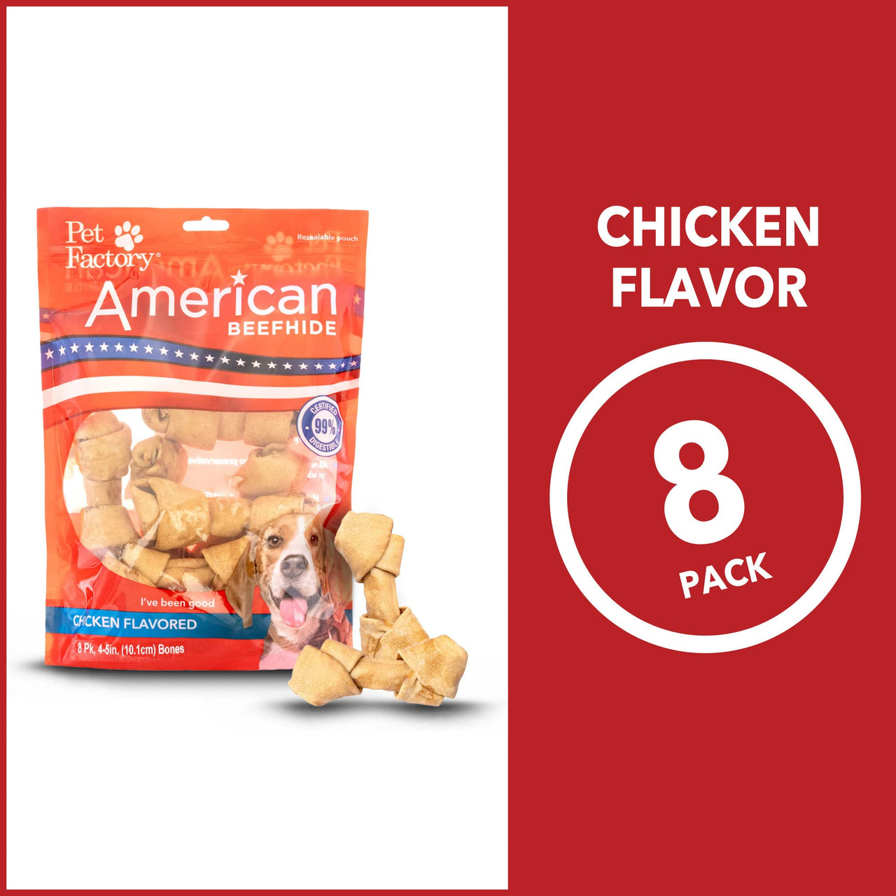 Pet Factory American Beefhide 4-5" Knotted Bones Dog Chew Treats - Chicken Flavor, 8 Count/1 Pack 8 Count (Pack of 1)