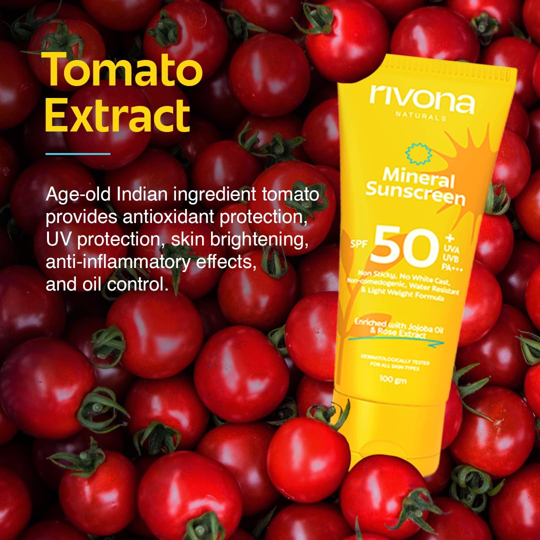 Rivona Naturals Mineral Sunscreen Spf 50 PA +++ for Acne-prone skin| UVA & UVB filters| No White Cast| Non-Oily, Non-Sticky & Water resistant| For dry, oily and sensitive skin| 100 gm