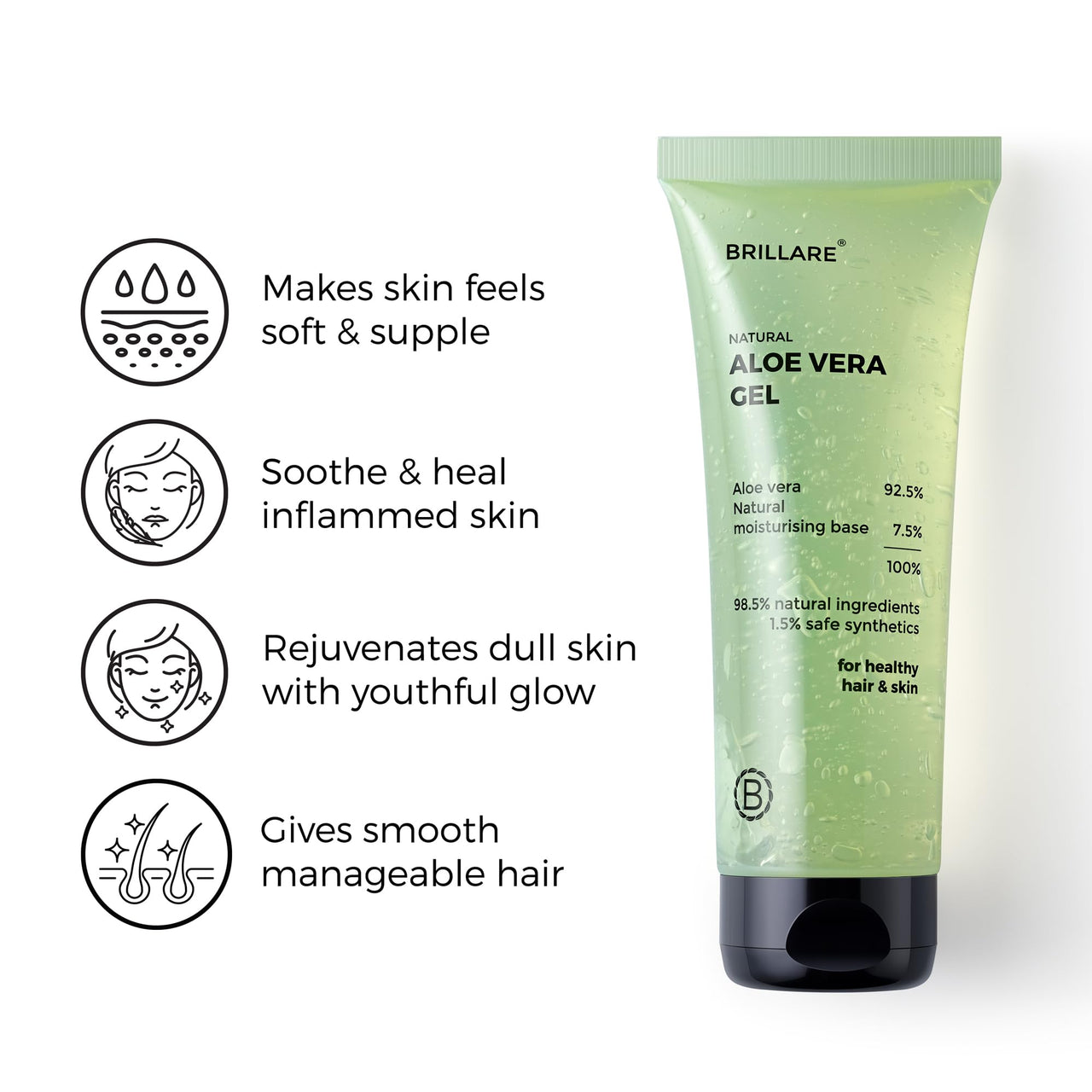 Brillare Natural Aloe Vera Gel - Ultimate Moisturiser for Face, Hair & Skin | Pure, Hydrating, Soothing Care, 200 GM