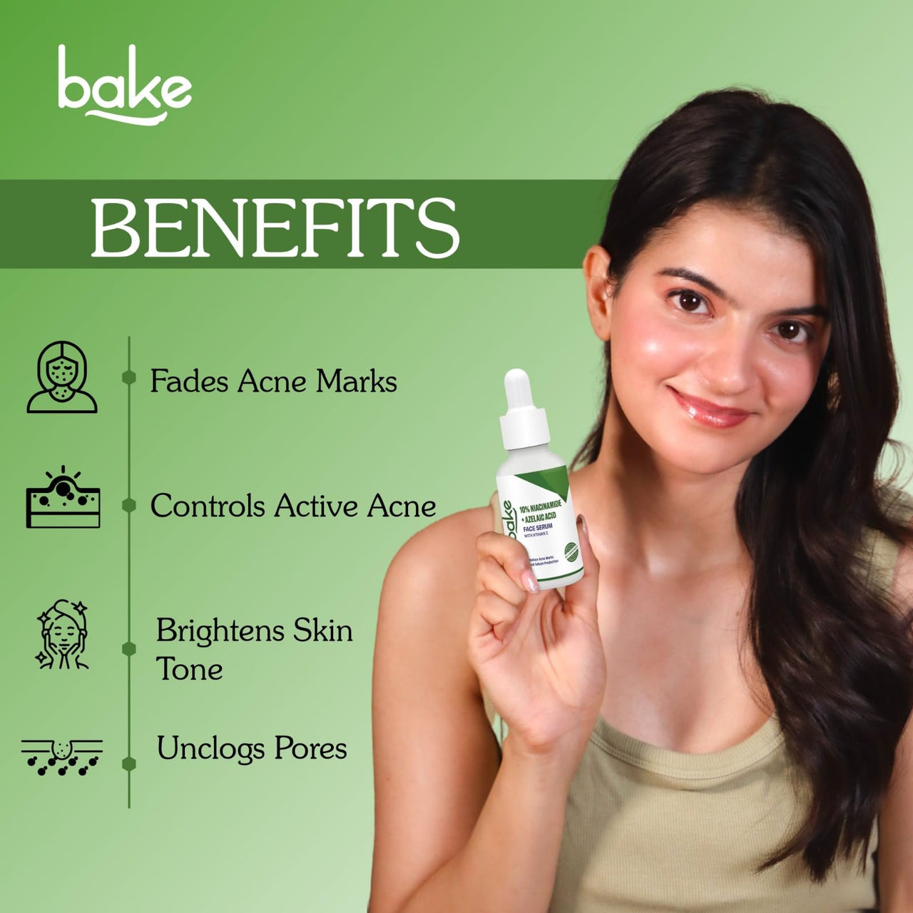 BAKE 10% Niacinamide + Azelaic Acid Face Serum for Acne Marks, Dark Spots & Open Pores | Reduces Active Acne, Blemishes | 30ml