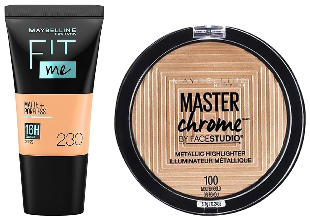 Maybelline New York Fit Me Matte+Poreless Liquid Foundation Tube, 230 Natural Buff, 18ml and Maybelline New York Face Studio Master Chrome Metallic Highlighter, Molten Gold, 6.7g