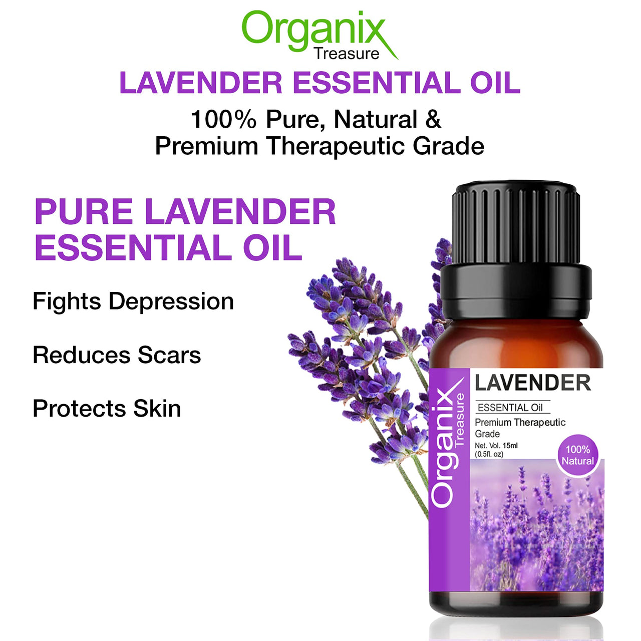 Organix Treasure Lavender Essential Oil for Relaxation, Sleep, Tension Relief, Hair Growth, Skin Care, Fragrance, (15ml)