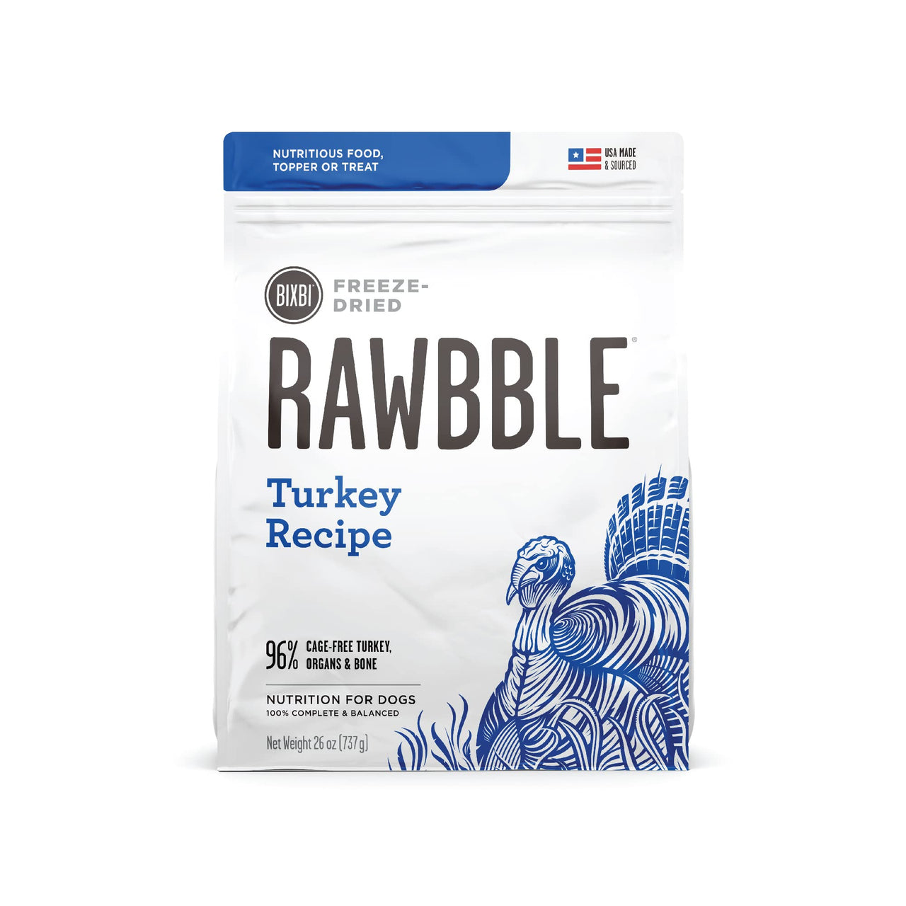 BIXBI Rawbble Freeze Dried Dog Food, Turkey Recipe, 26 oz - 96% Meat and Organs, No Fillers - Pantry-Friendly Raw Dog Food for Meal, Treat or Food Topper - USA Made in Small Batches