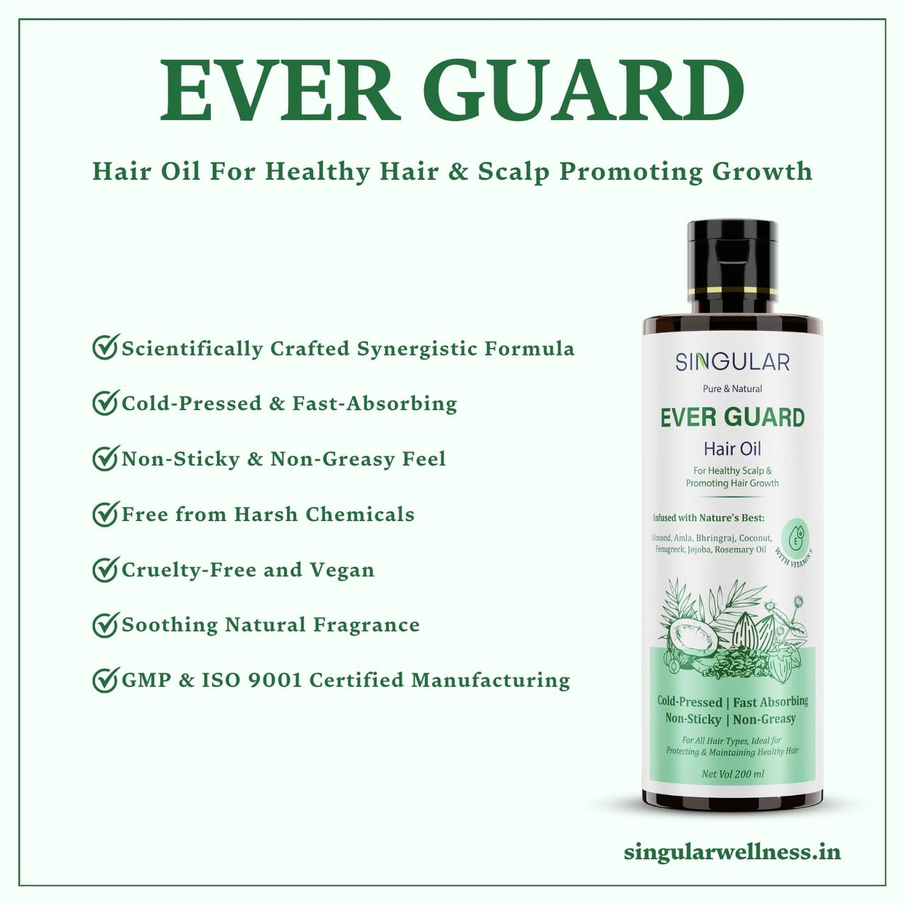 Singular Ever Guard Hair Oil for Men & Women | Hair Growth & Hair Fall Control | Cold-Pressed Blend of Argan, Almond, Bhringraj, Rosemary Oil & Vitamin E (200 ml)