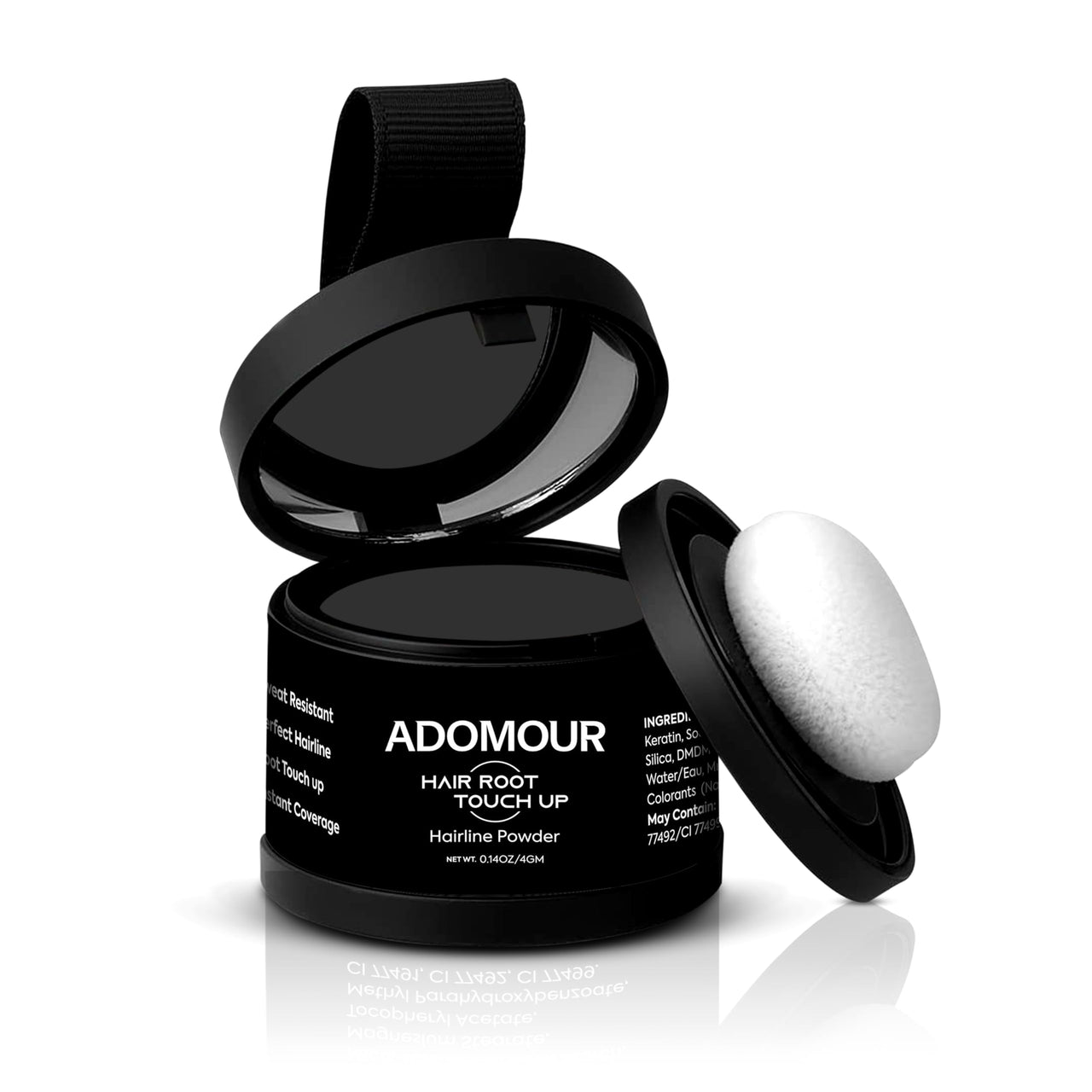 ADOMOUR Root Touchup Powder Black 4g | Covers Hairline, Grey Roots & Bald Spots Instantly | Sweat & Stain Resistant 24HR Formula | Long Lasting & Natural Finish | Cover Up Hair Powder for Men & Women