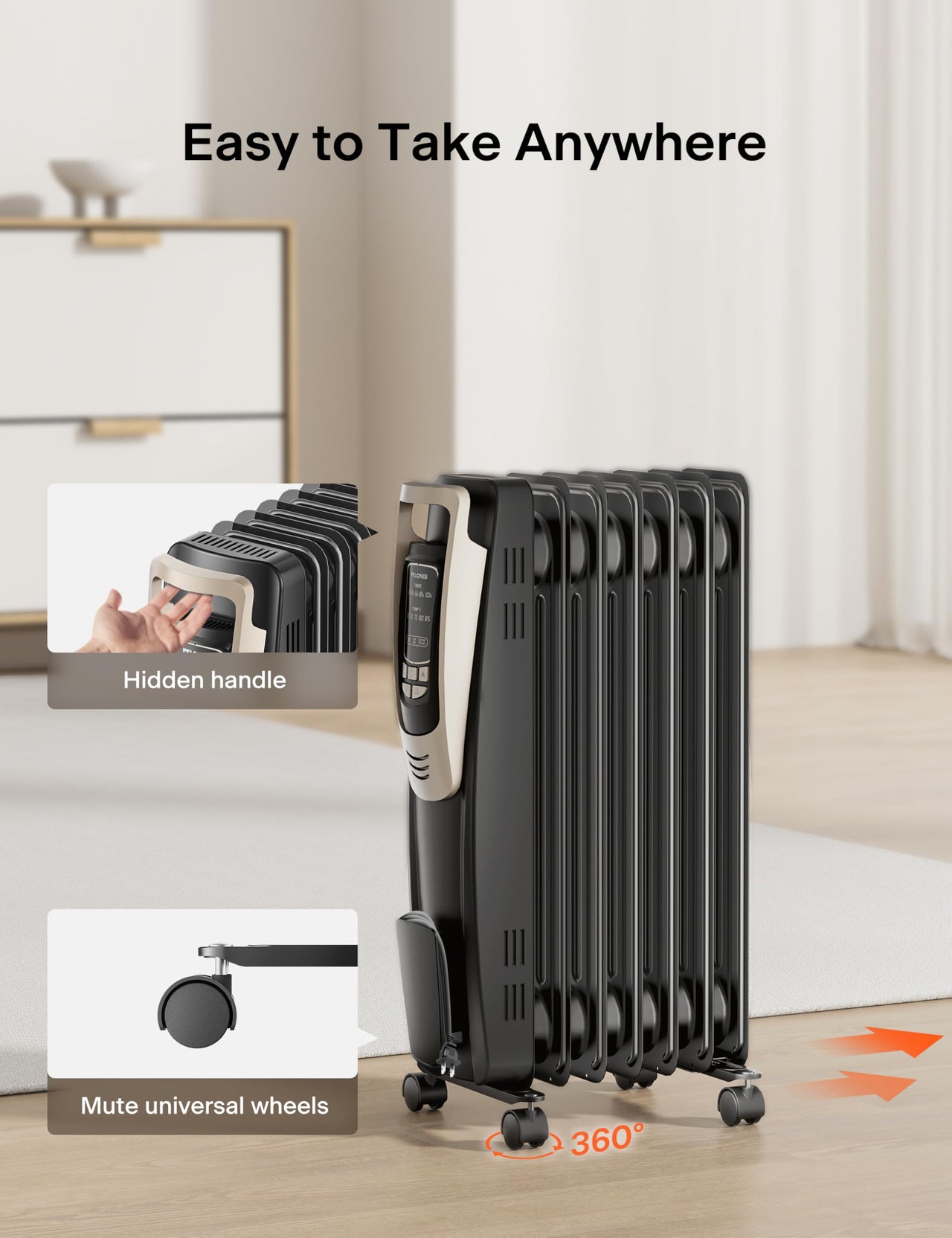 PELONIS Oil Filled Radiator, Electric Space Heater for Indoor Use Large Room with Thermostat & Remote, 3 Modes & 3 Heat Settings, ECO Mode, 24H Timer, Quiet, Overheat & Tip-Over Protection, 1500W Premium with LED Display Black