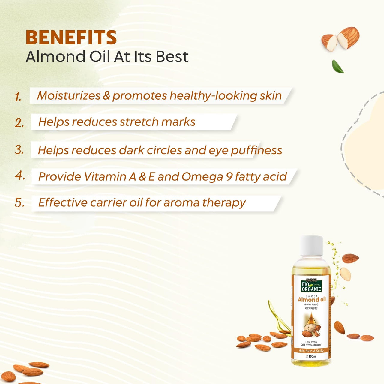 INDUS VALLEY Bio Organic Cold Pressed Almond Oil for Soft & Shiny Hair, Glowing Skin, Hair Damage Protection, Pure Roghan Badam Oil(Tail) for Baby Massage - 100ml