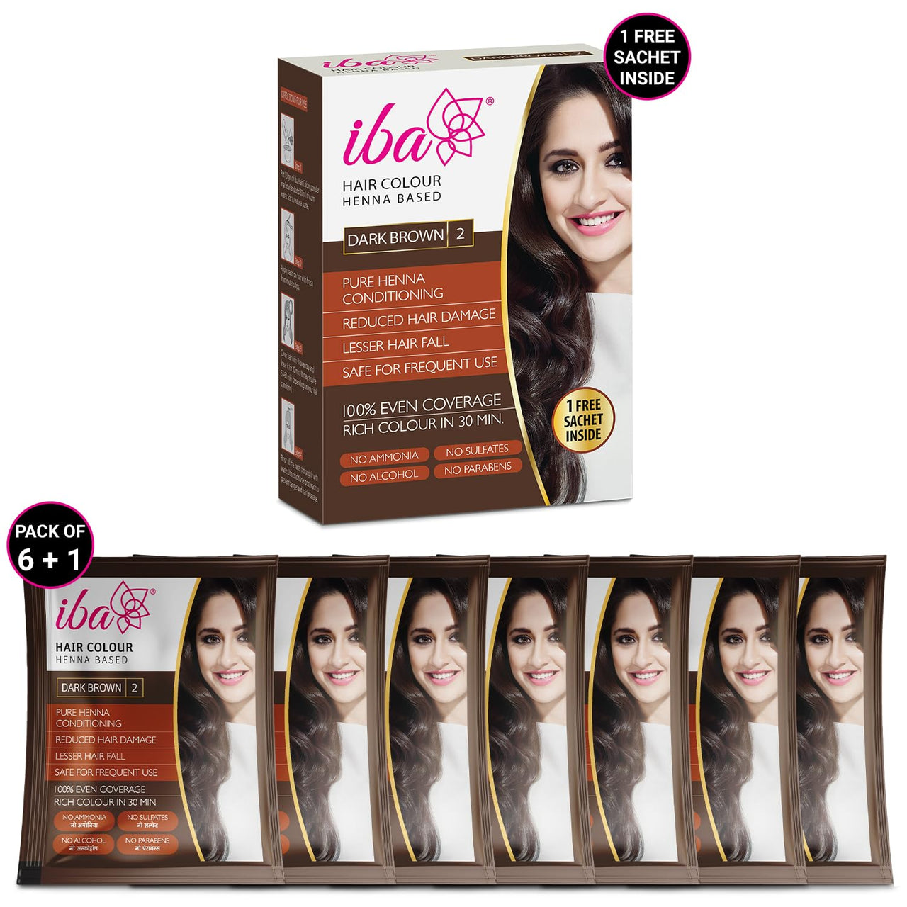 Iba Hair Colour for Women - Dark Brown, 70g | 100% Pure Henna Based Powder Sachet | Natural Hair Colour & Long Lasting with Conditioning Formula | Reduced Hair Fall & Hair Damage | Shine & Nourish Hair | Free from Ammonia and Other Harmful Chemicals | Her
