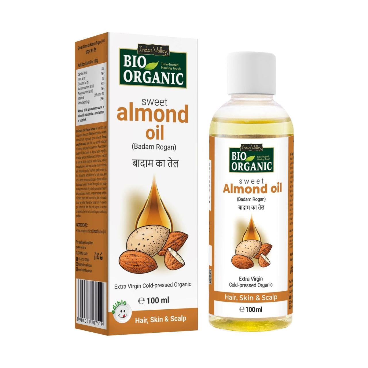 INDUS VALLEY Roghan Badam Sweet Almond Oil for Hair & Skin No Mineral Oil & Sulphate - Set of 2 (100ml*2=200ml)