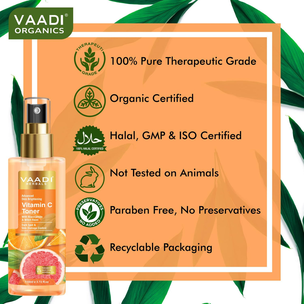 Vaadi Herbals Vitamin C Facial Toner| With Witch Hazel & Niacinamide | Skin Brightening, Hydrating & Anti-Ageing (110 ml)