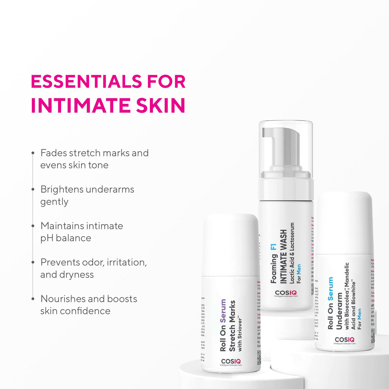 COS-IQ Men's Intimate Care Set, Roll-On Serum for Stretch Marks 40ml, Underarm Serum 40ml, Intimate Wash 100ml
