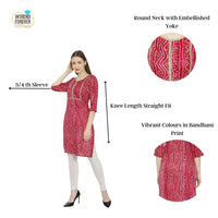 InTrend Forever Bandhani Foil Print Designer || Cotton Kurta for Ladies || Straight Fit || Zari & Sequins lace || Kurtis for Women
