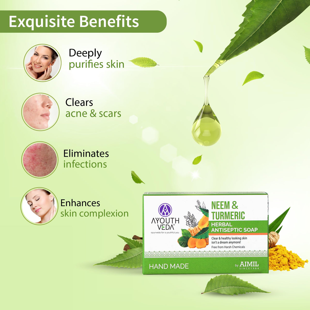 Ayouthveda Neem and Turmeric Herbal Soap | Antiseptic Bathing Soap with Natural Fragrance | Prevents Skin Disease With Neem & Turmeric | For Glowing & Acne Free Skin (Pack of 3-100g each)