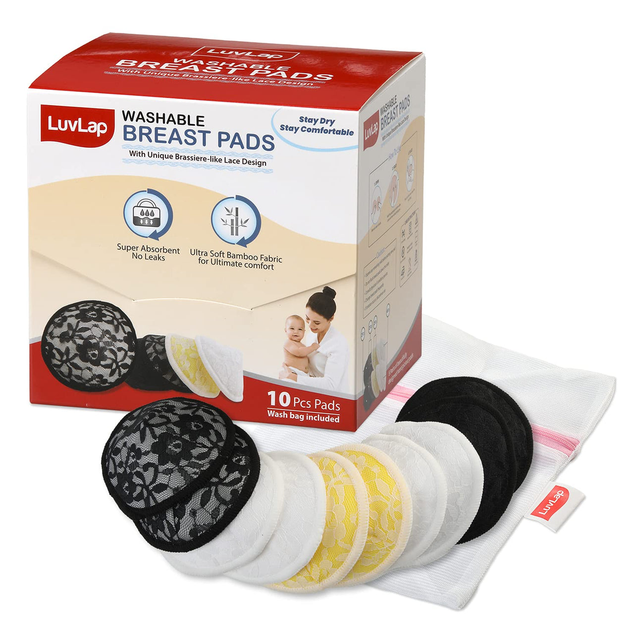 LuvLap Natural Bamboo Washable Nursing Breast Pads for Breast feeding mothers, Beautiful Lace Style, Contoured Shape for snug fit, Nipple Pad, Includes Laundry Bag, Super absorption, 10Pc