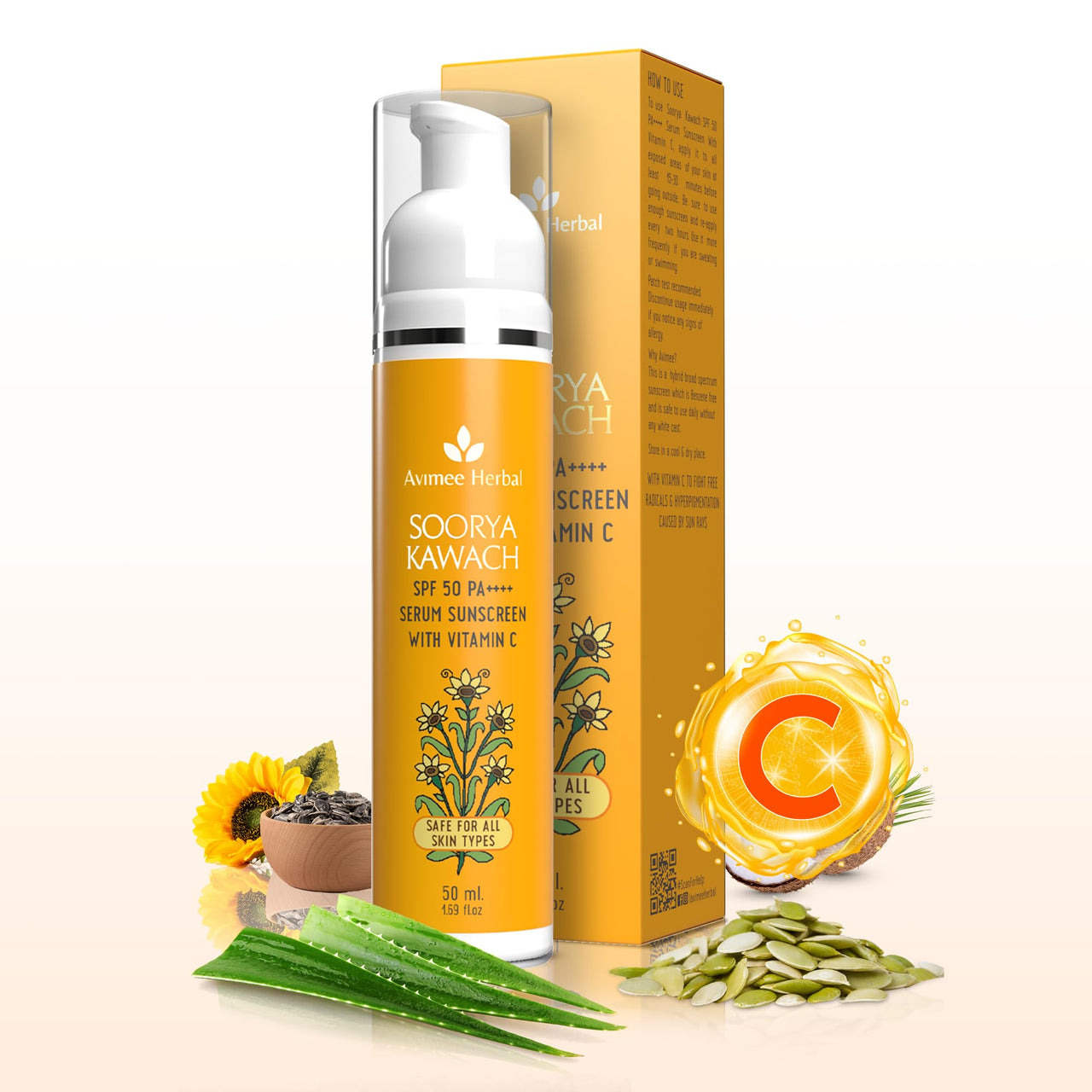 AVIMEE HERBAL Soorya Kawach Spf 50 Pa ++++ Serum Sunscreen With Vitamin C For All Skins Broad Spectrum Uva, Uvb & Blue Light Protection For Radiant & Glowy Skin 50 Ml